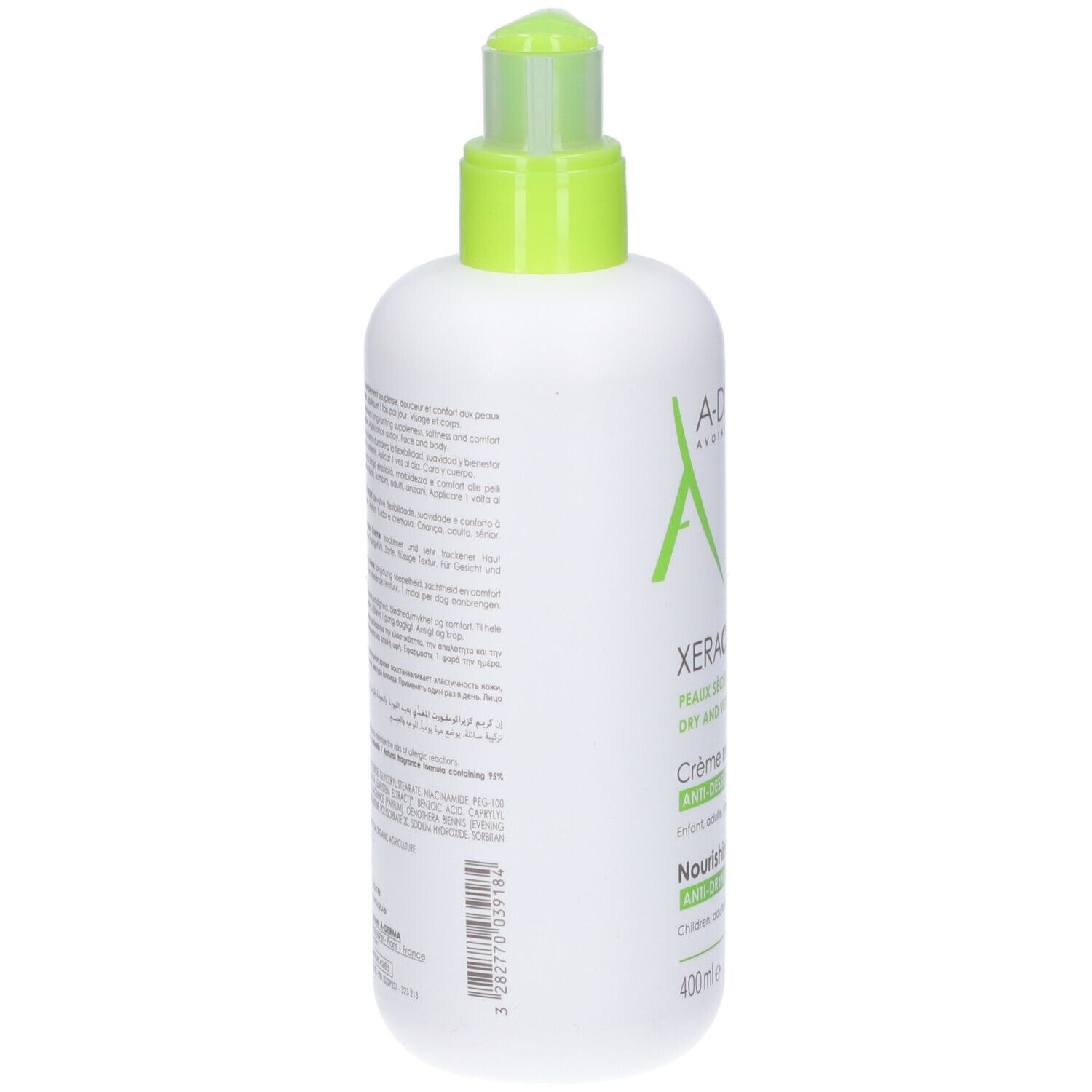 Retro di flacone bianco con testo. Dosatore verde. Informazioni produttore.