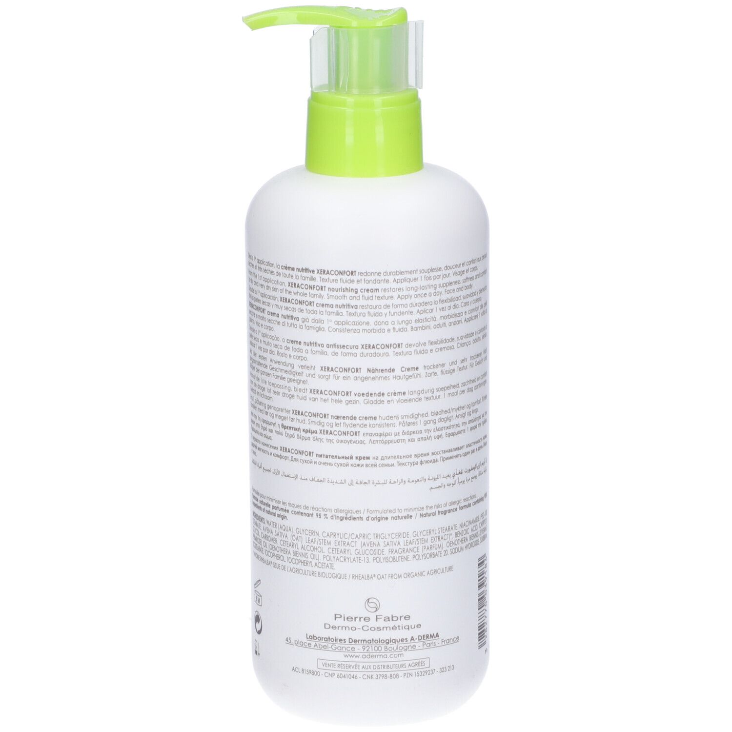 Retro di flacone bianco con testo. Dosatore verde. Informazioni produttore.