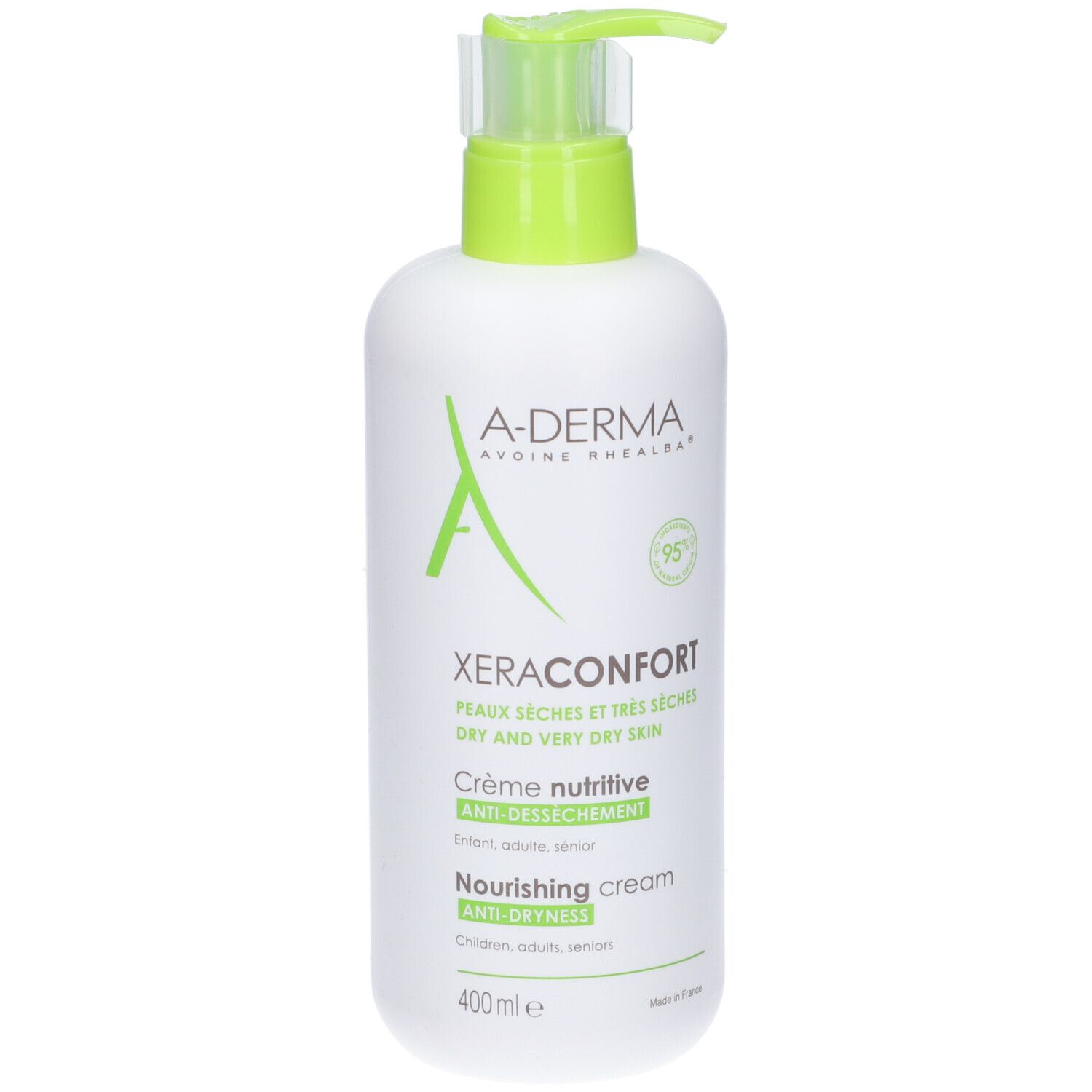 Flacone bianco con dosatore verde. Scritte: A-DERMA, XeraConfort, Crème nutritive, 400 ml.