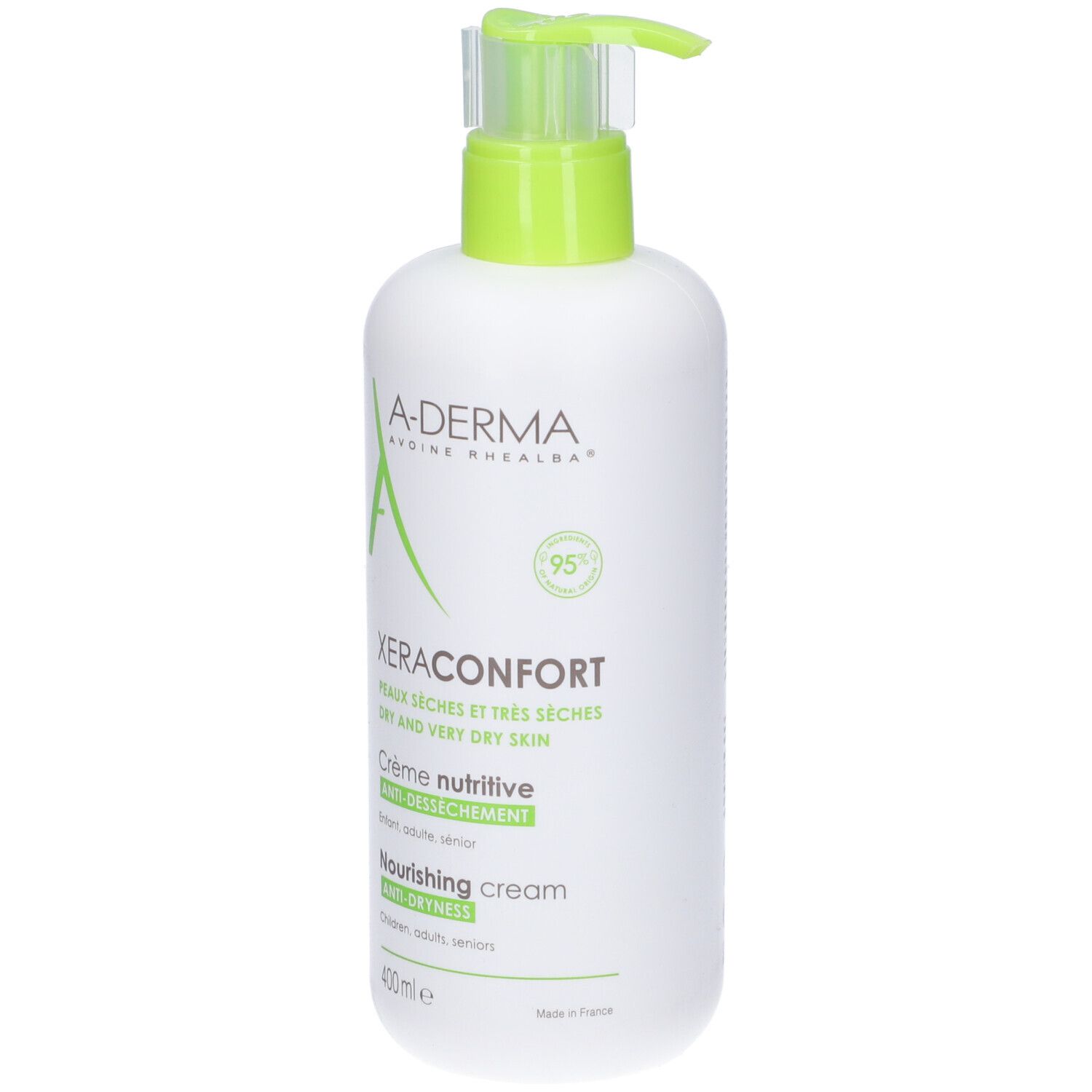 Flacone bianco con dosatore verde. Scritte: A-DERMA, XeraConfort, Crème nutritive, 400 ml.