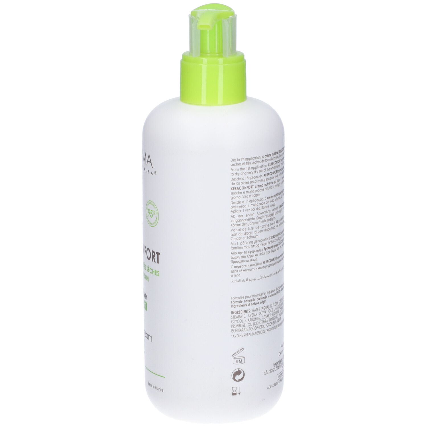 Retro di flacone bianco con testo. Dosatore verde. Informazioni produttore.