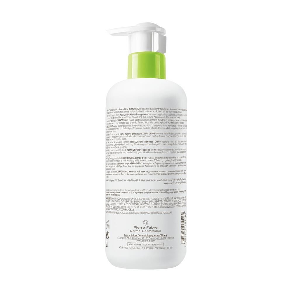 Retro di flacone bianco con testo. Dosatore verde. Informazioni produttore.