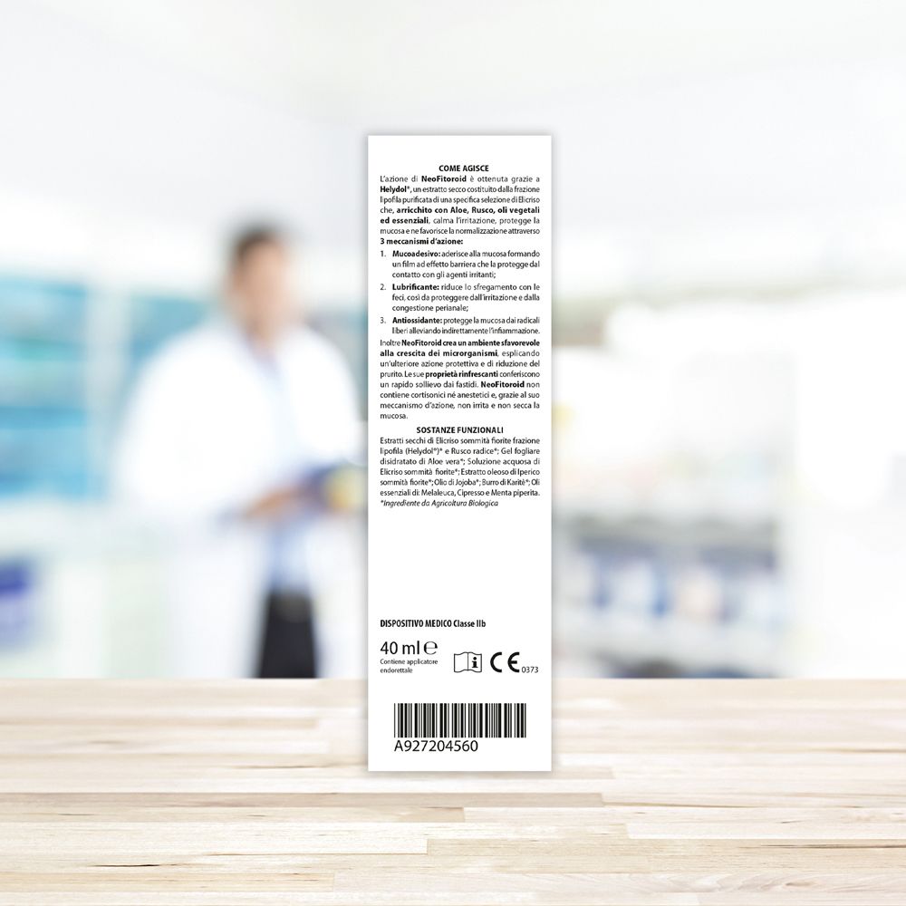 Rückseite der Produktverpackung neo FitoroiD. Text in italienischer Sprache. 40 ml. CE-Kennzeichnung.