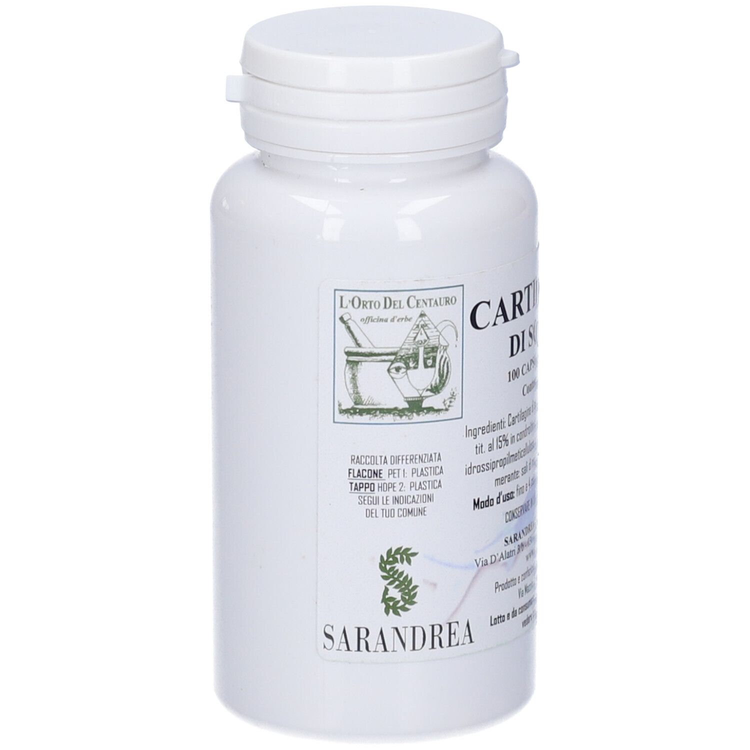Flacone bianco con tappo a vite. Logo e testo. Marchio: Sarandrea. Scritta: Cartilagine Di Squalo, 100 capsule.
