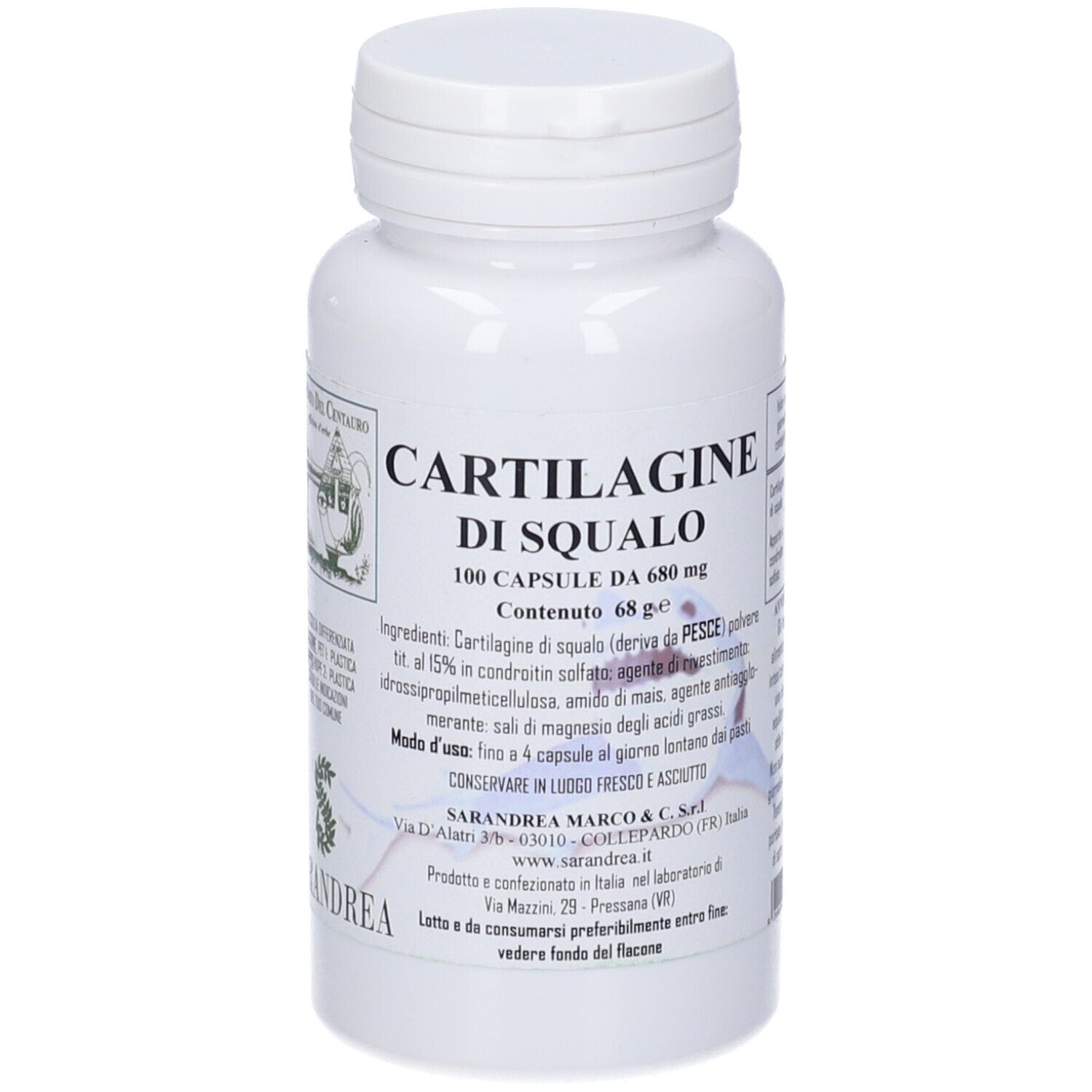 Flacone bianco con tappo a vite. Scritta: Cartilagine Di Squalo, 100 capsule. Testo e logo. Marchio: Sarandrea.