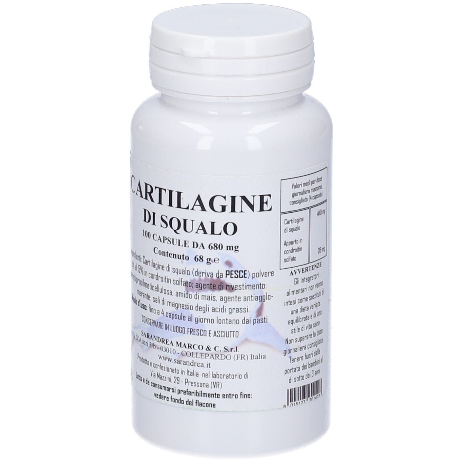 Flacone bianco con tappo a vite. Scritta: Cartilagine Di Squalo, 100 capsule. Testo e logo. Marchio: Sarandrea.