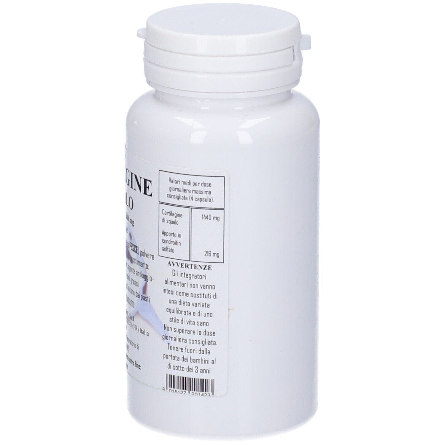 Flacone bianco con tappo a vite. Scritta: Cartilagine Di Squalo, 100 capsule. Testo e logo. Marchio: Sarandrea.