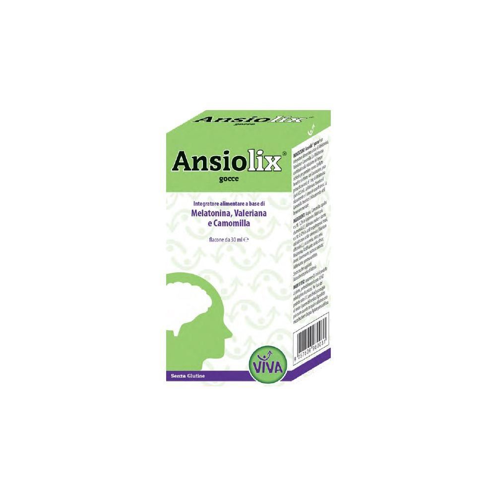 Ansiolix Gocce Flaconcino 30 ml. Confezione verde e bianca con nome e ingredienti. Illustrazione di un cervello.