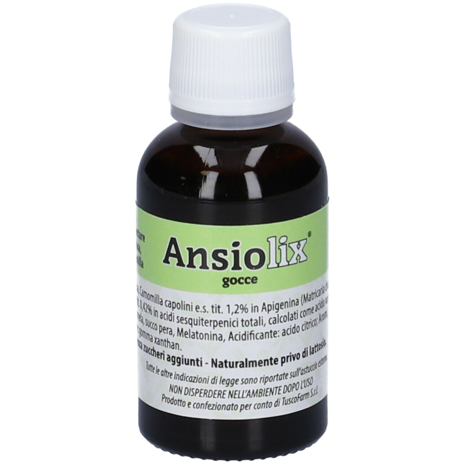 Ansiolix Gocce Flaconcino. Flacone di vetro marrone con tappo bianco. Etichetta verde con nome e ingredienti.