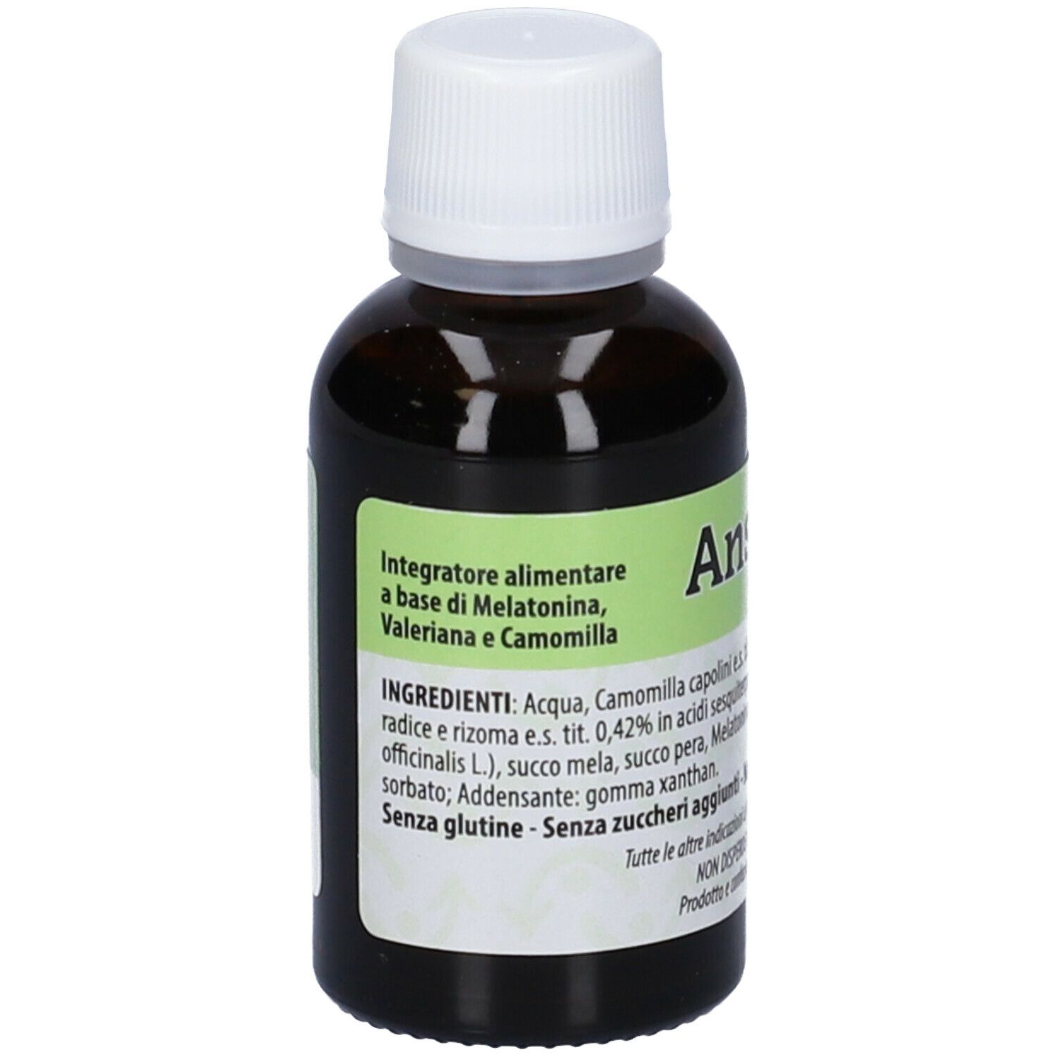 Ansiolix Gocce Flaconcino. Flacone di vetro marrone con tappo bianco. Etichetta verde con ingredienti e informazioni.