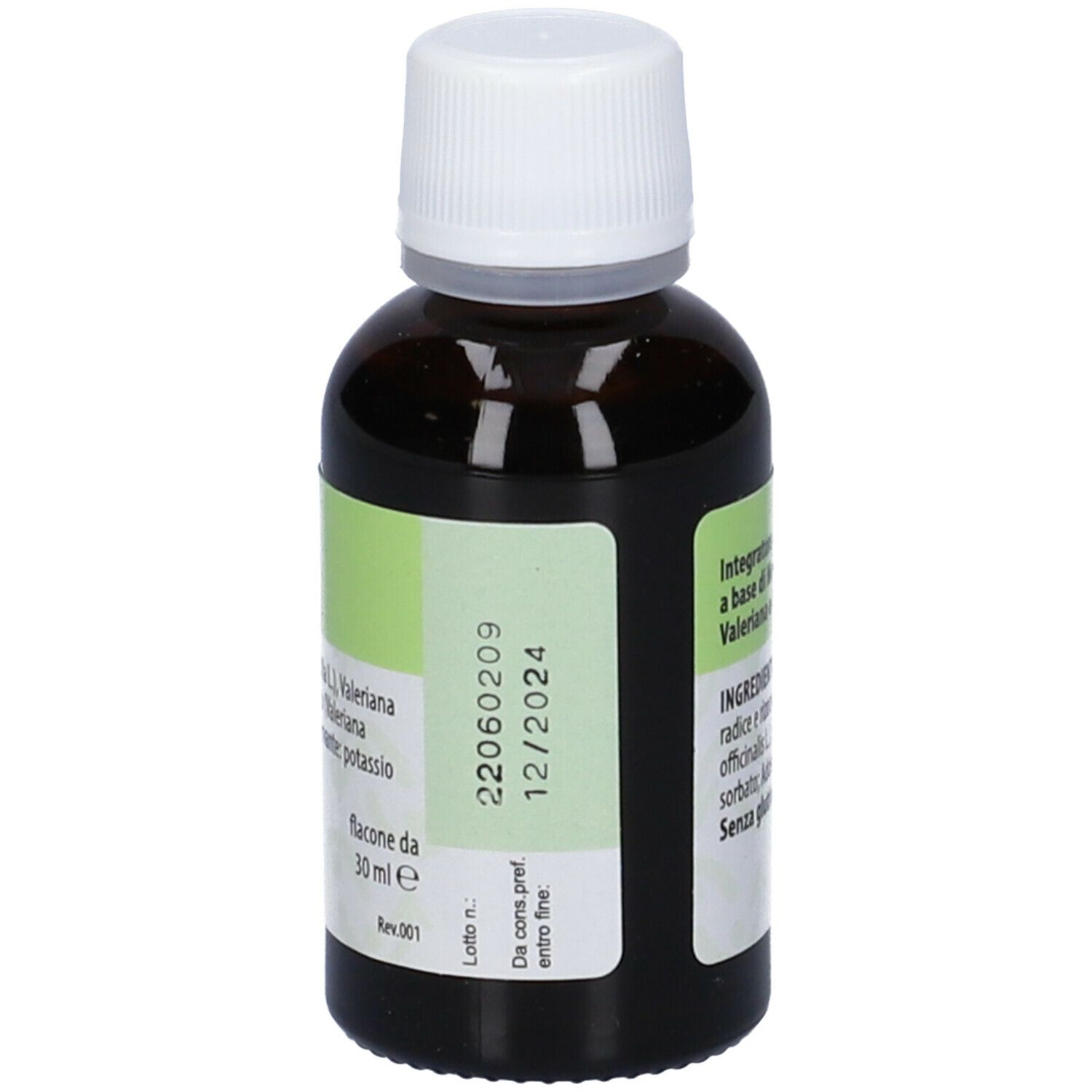 Ansiolix Gocce Flaconcino. Flacone di vetro marrone con tappo bianco. Etichetta verde con data di scadenza e informazioni.