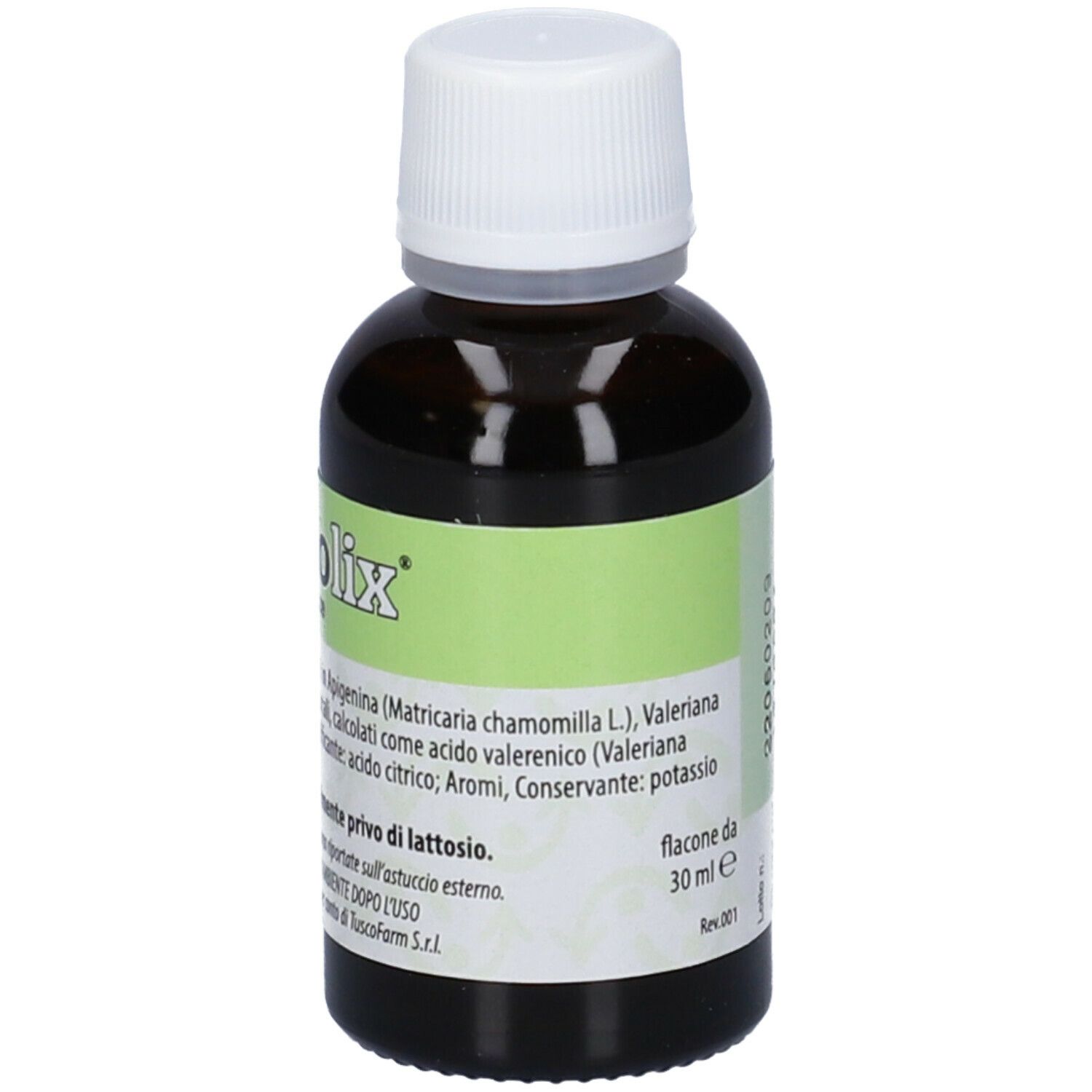 Ansiolix Gocce Flaconcino. Flacone di vetro marrone con tappo bianco. Etichetta verde con ingredienti e informazioni.