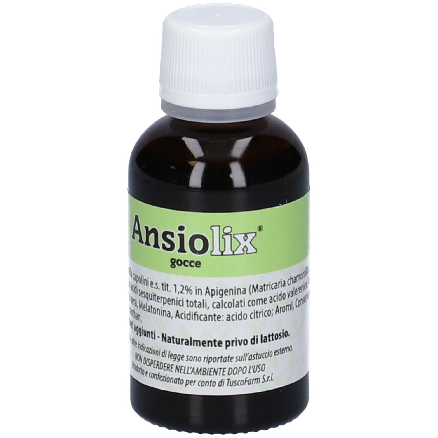 Ansiolix Gocce Flaconcino. Flacone di vetro marrone con tappo bianco. Etichetta verde con nome e ingredienti.