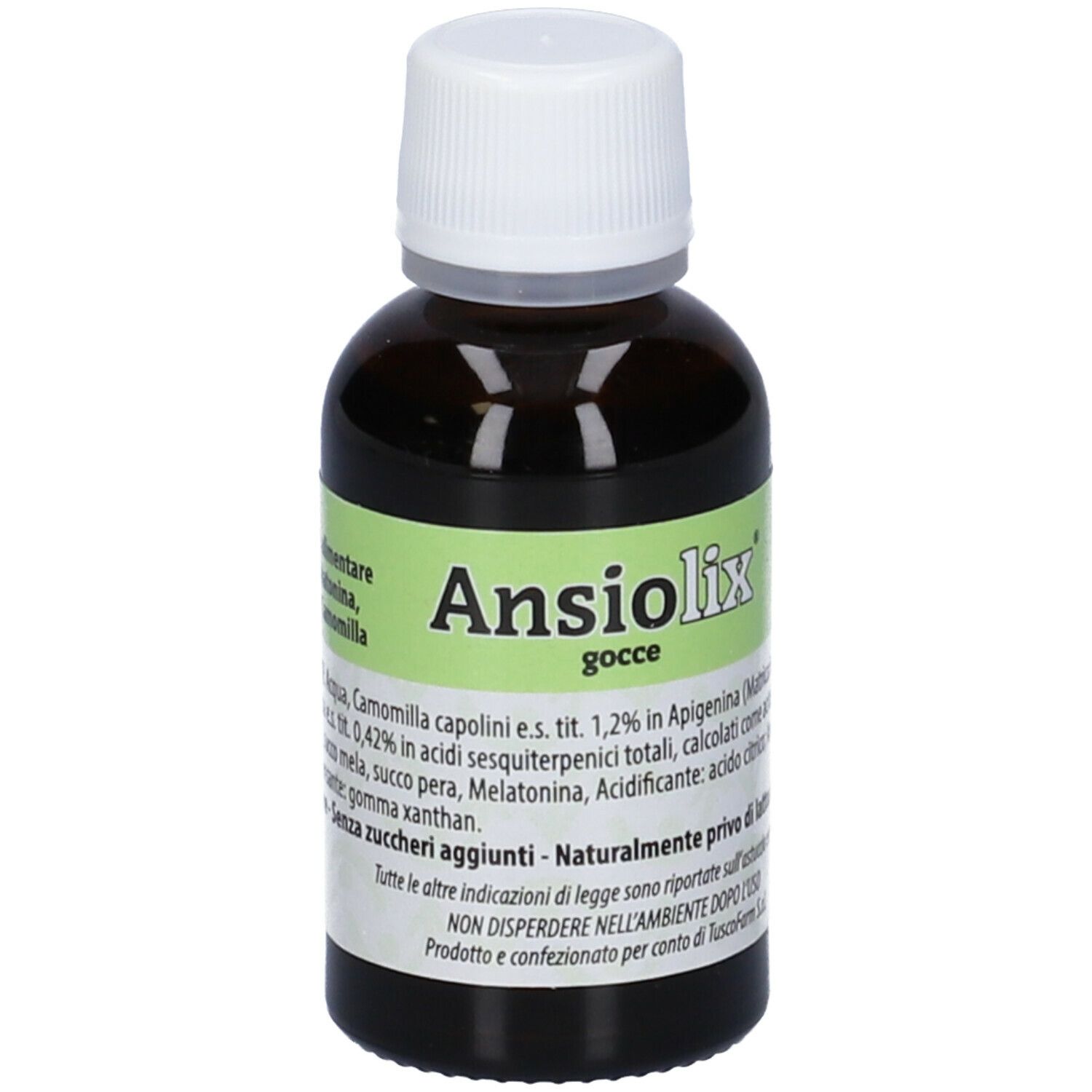 Ansiolix Gocce Flaconcino. Flacone di vetro marrone con tappo bianco. Etichetta verde con nome e ingredienti.