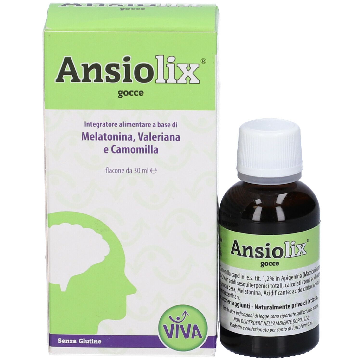 Ansiolix Gocce Flaconcino e confezione. Flacone marrone con tappo bianco e confezione verde. Informazioni sul prodotto.