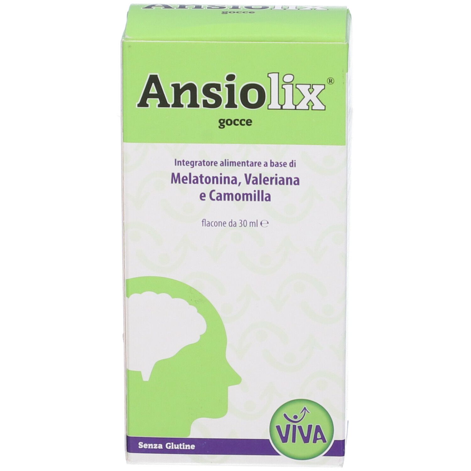 Ansiolix Gocce Flaconcino. Confezione verde con nome e ingredienti. Illustrazione di un cervello.