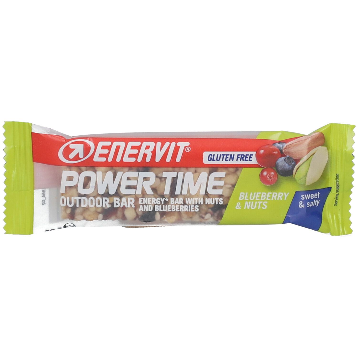 ENERVIT Power Time Riegel. Grün-weiß Verpackung. Aufschrift: Power Time, Gluten Free, Blaubeeren & Nüsse. Abbildung von Blaubeeren, Erdnuss und Pistazie.