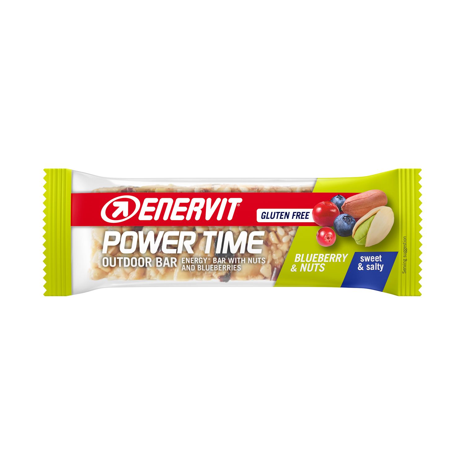 ENERVIT Power Time Riegel. Grün-weiß Verpackung. Aufschrift: Power Time, Gluten Free, Blaubeeren & Nüsse. Abbildung von Blaubeeren, Erdnuss und Pistazie.