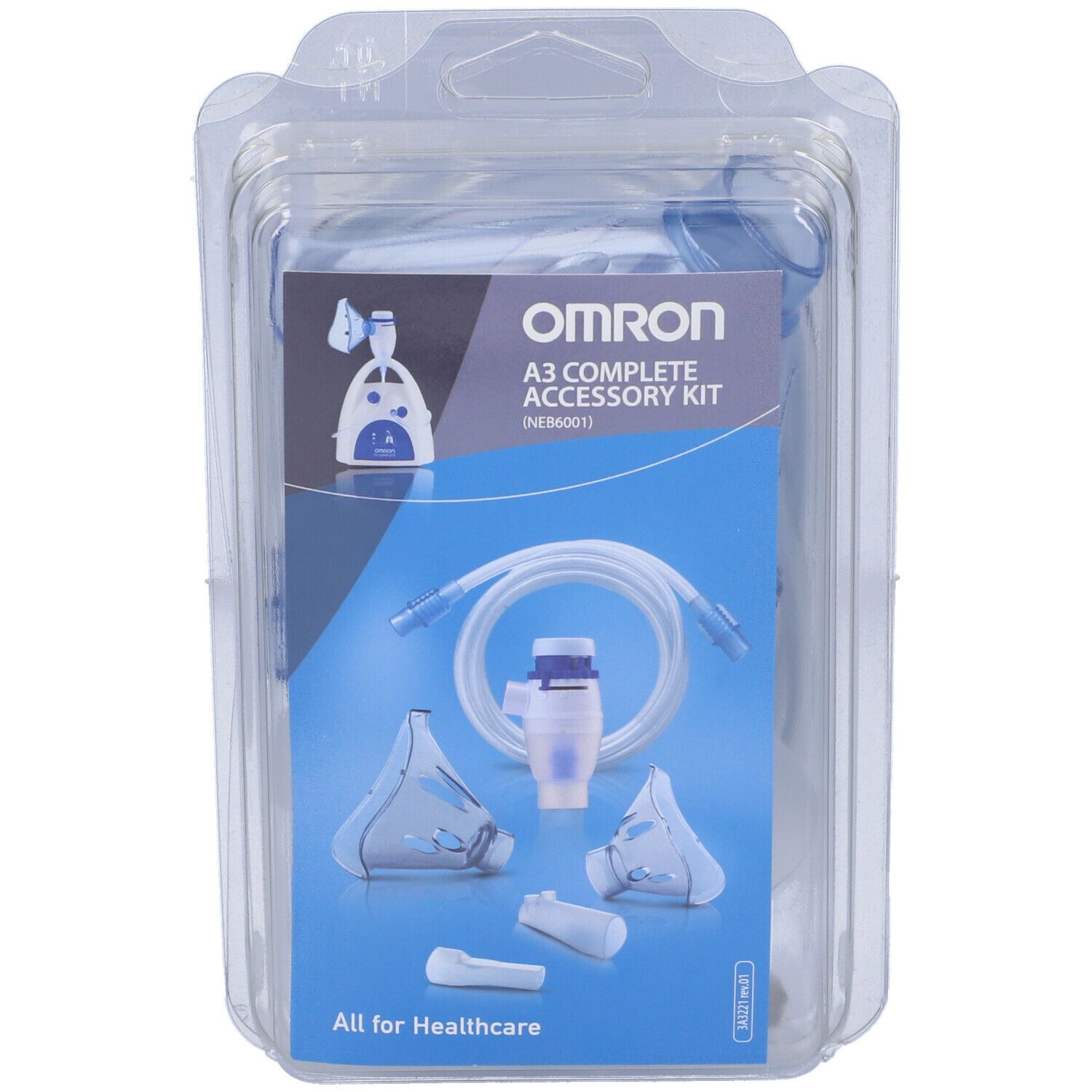 Kit completo accessori OMRON A3 in confezione di plastica trasparente. Include maschere, tubo, boccaglio e altre parti. "All for Healthcare".