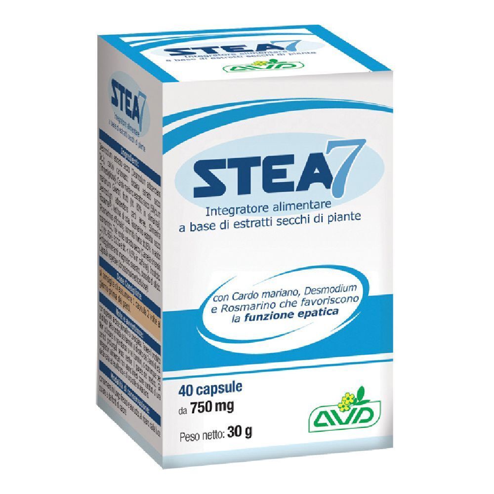 Scatola "Stea 7" con 40 capsule. Testo: "Integratore alimentare a base di estratti secchi di piante". Ingredienti e logo AVD.
