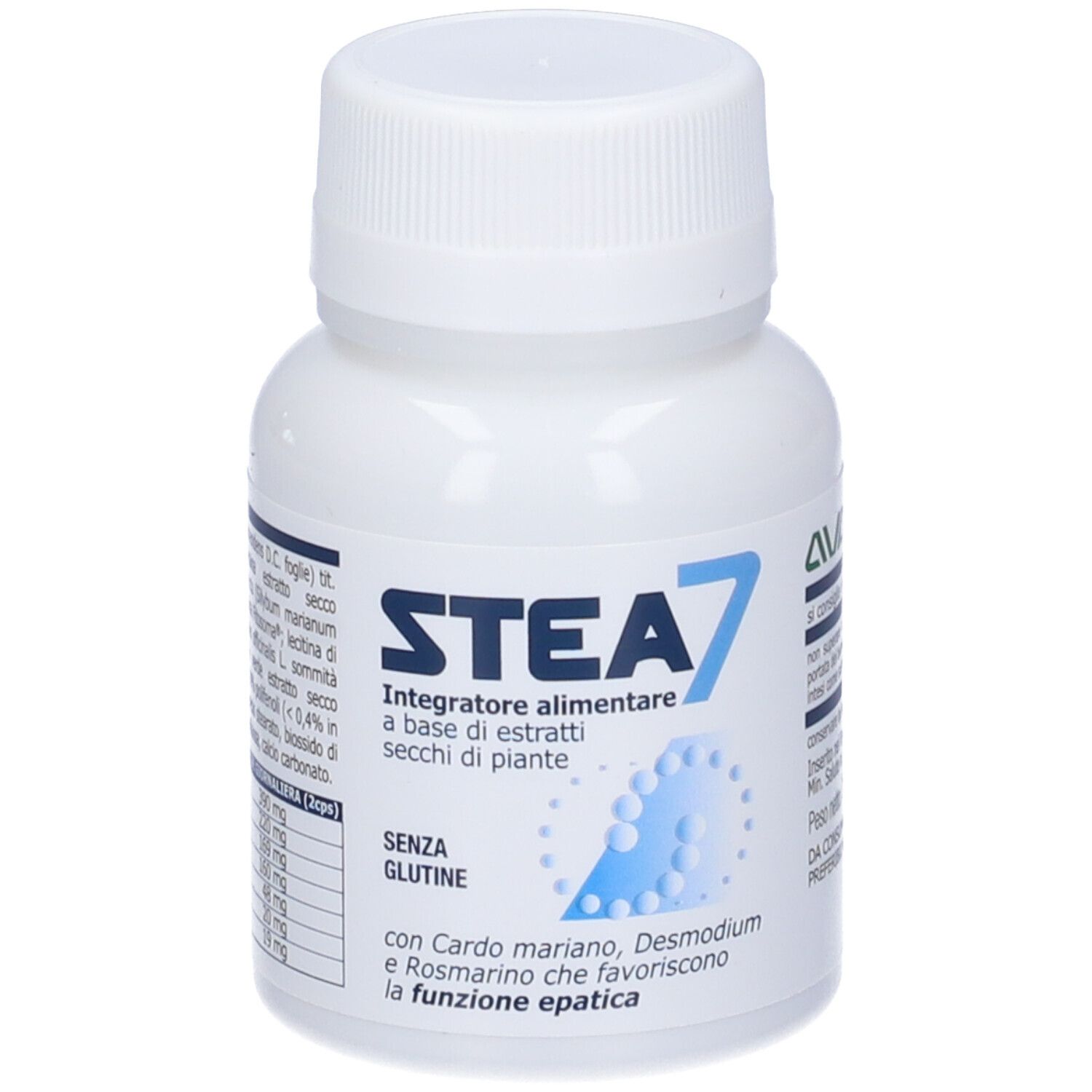Flacone bianco "Stea 7". Testo: "Integratore alimentare a base di estratti secchi di piante". Senza glutine. Logo AVD.