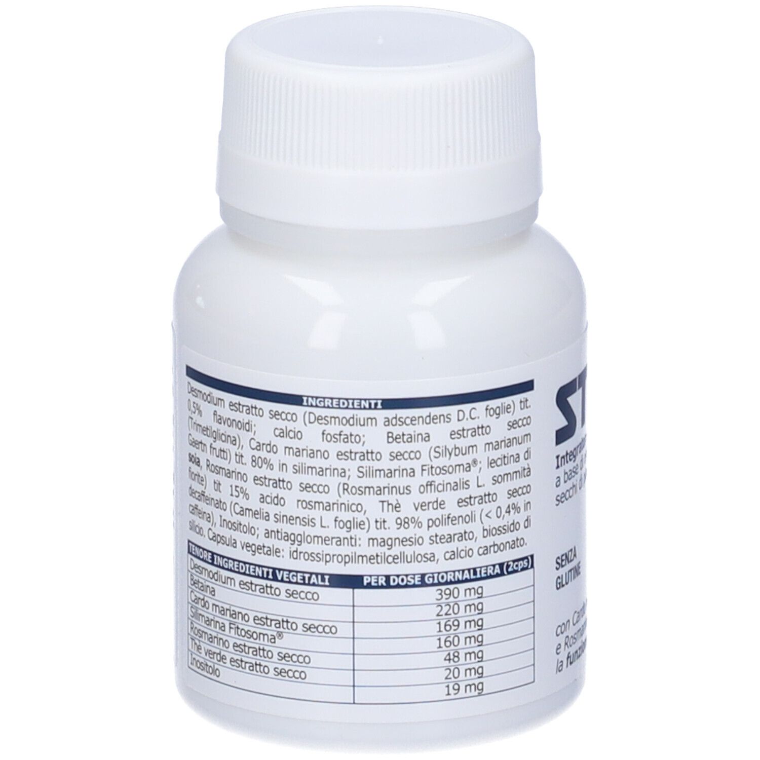 Flacone bianco con elenco ingredienti. Testo: "Integratore alimentare a base di estratti secchi di piante". Tabella ingredienti.