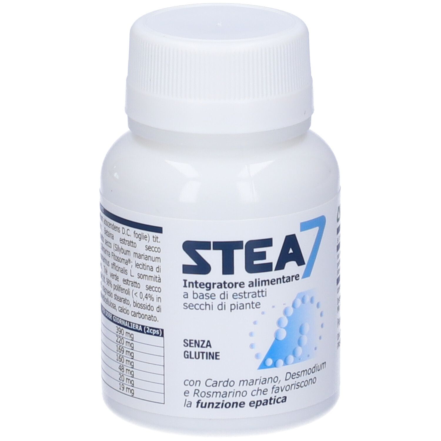 Flacone bianco "Stea 7". Testo: "Integratore alimentare a base di estratti secchi di piante". Senza glutine. Logo AVD.