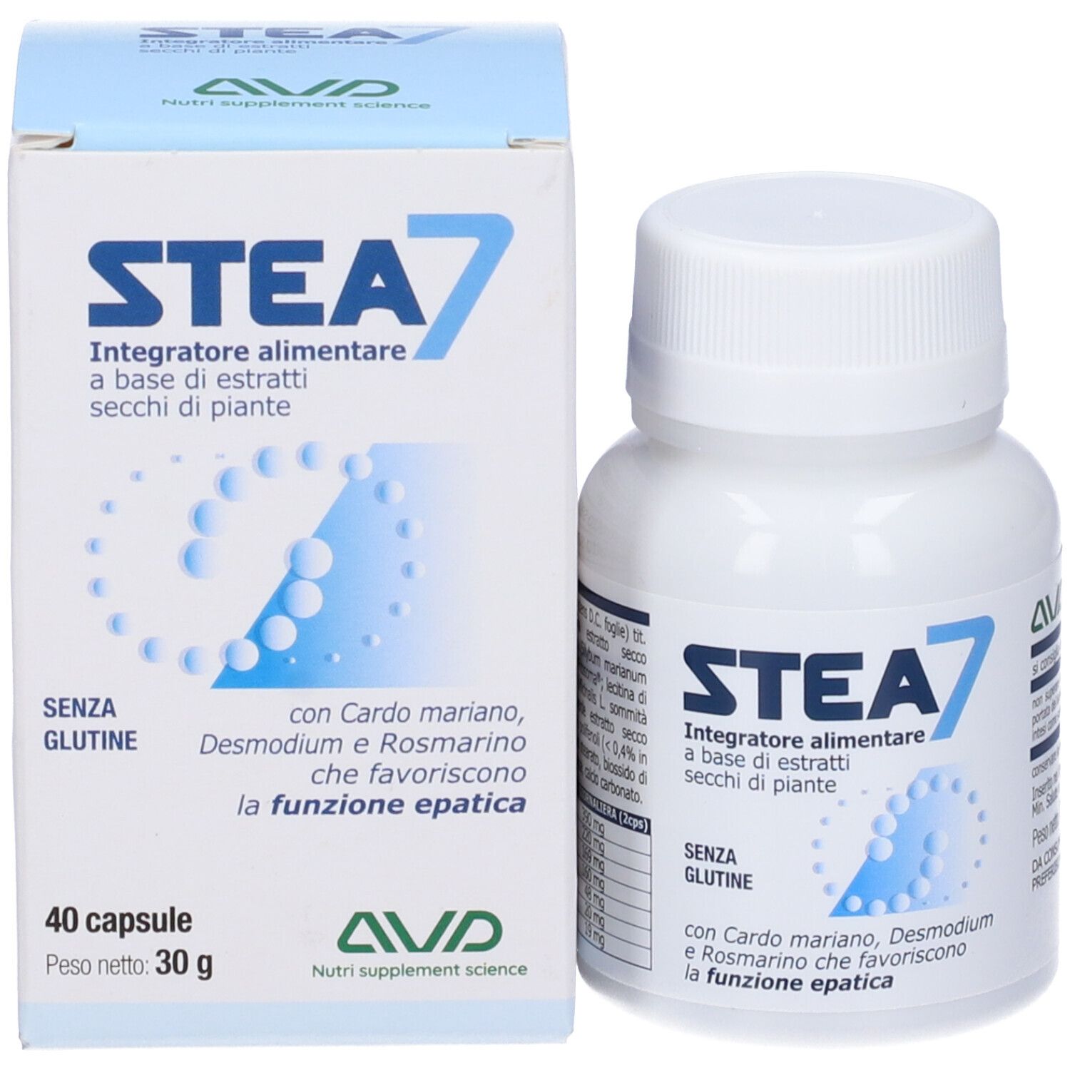 Confezione prodotto con flacone e scatola. Entrambi con "Stea 7". Testo: "Integratore alimentare a base di estratti secchi di piante".