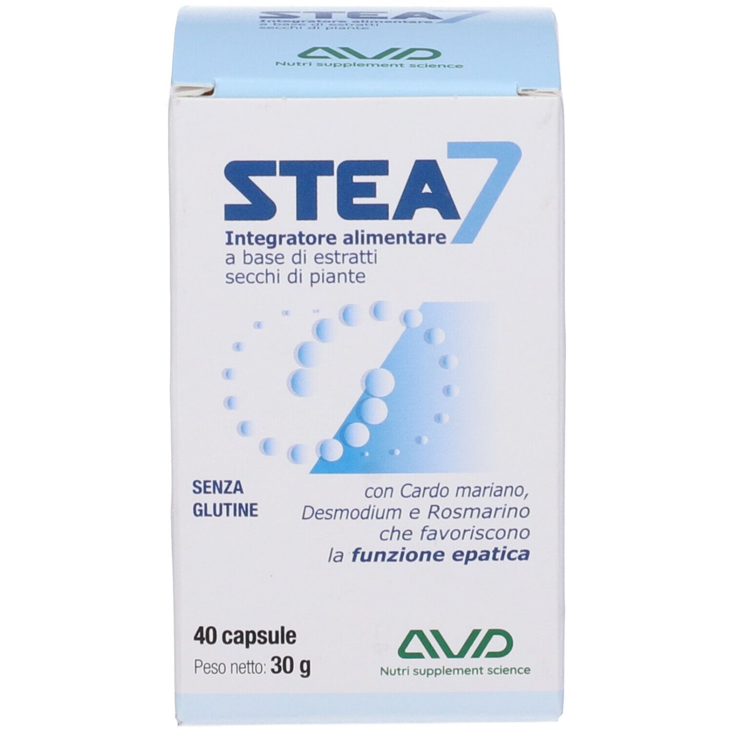Scatola "Stea 7". Testo: "Integratore alimentare a base di estratti secchi di piante". 40 capsule. Logo AVD.