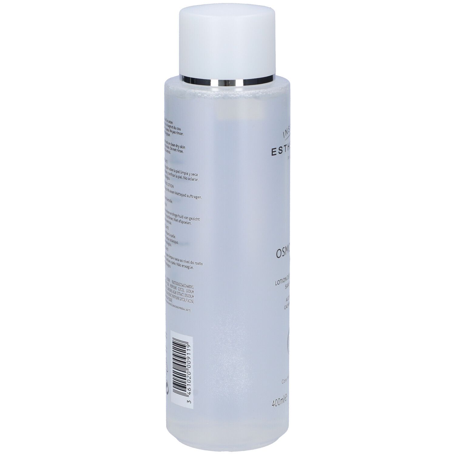 Flacone trasparente con tappo bianco. Testo e codice a barre sul retro. 400ml, 13.5 FL OZ.