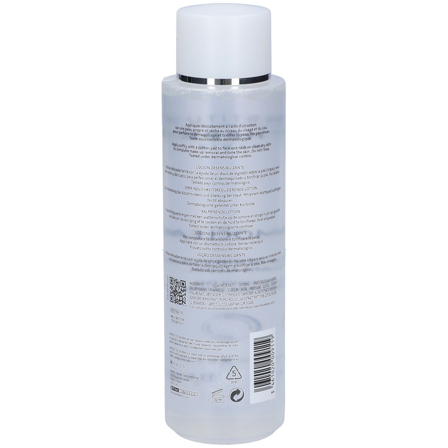 Flacone trasparente con tappo bianco. Retro con testo, codice QR e pittogrammi. 400ml, 13.5 FL OZ.