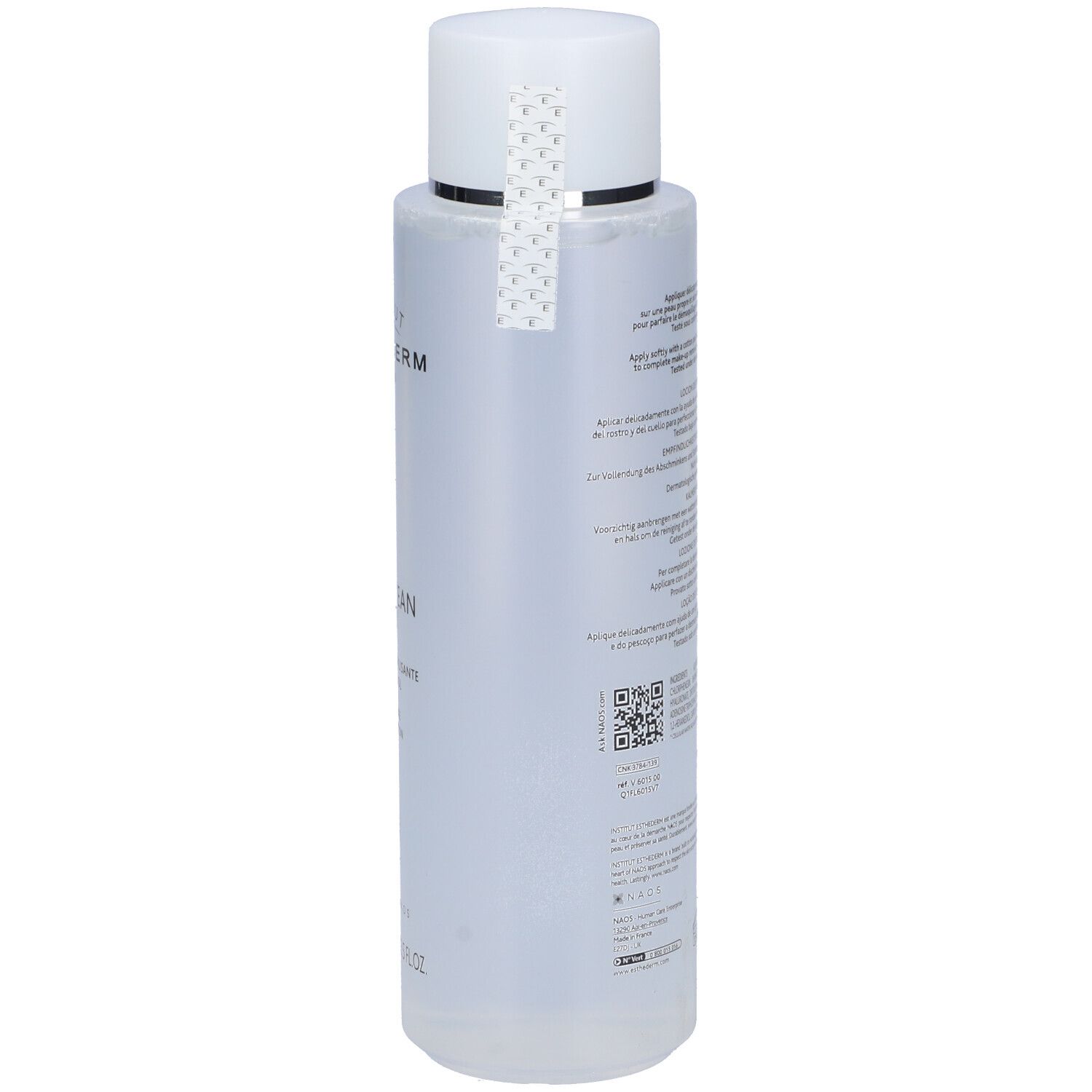 Flacone trasparente con tappo bianco. Adesivo con testo e codice QR. 400ml, 13.5 FL OZ.