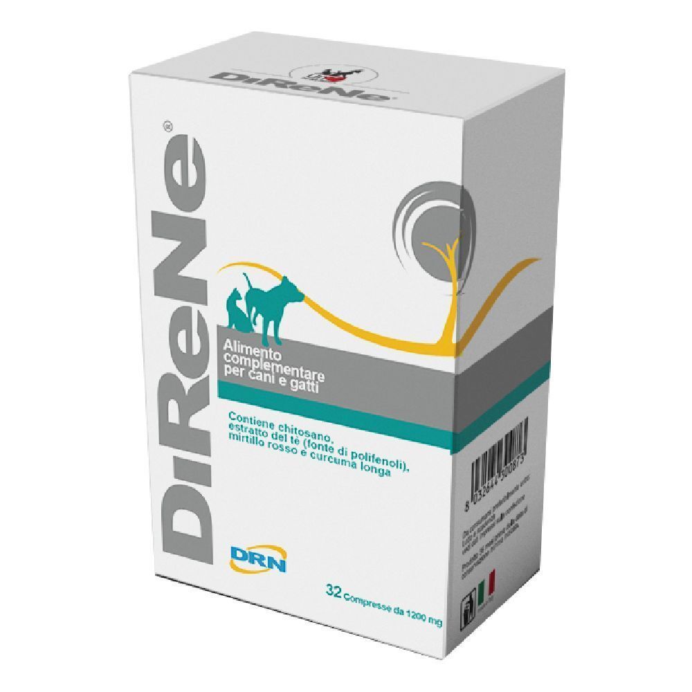 Scatola bianca Direne® per cani e gatti. Contiene 32 compresse. Logo DRN in basso.