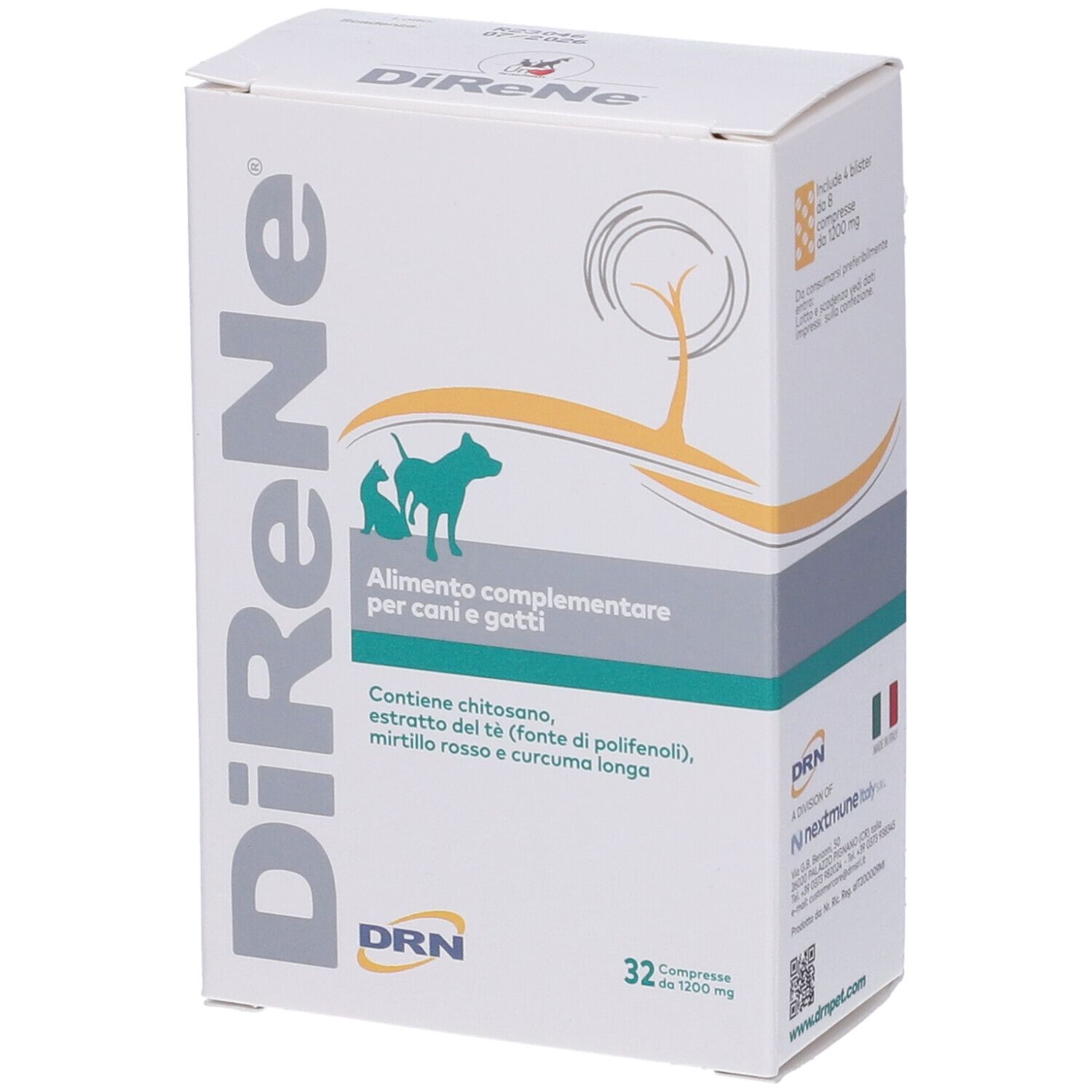 Scatola bianca Direne® per cani e gatti. Contiene 32 compresse. Logo DRN in basso.