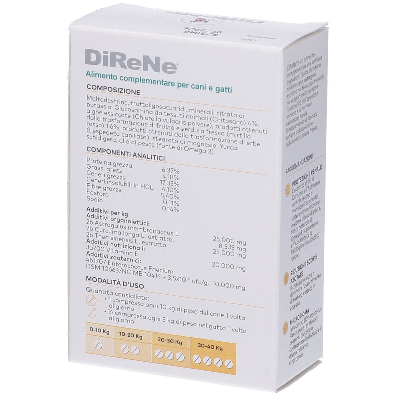 Scatola Direne®, bianca, con informazioni prodotto. Contiene 32 compresse per cani e gatti. Retro.