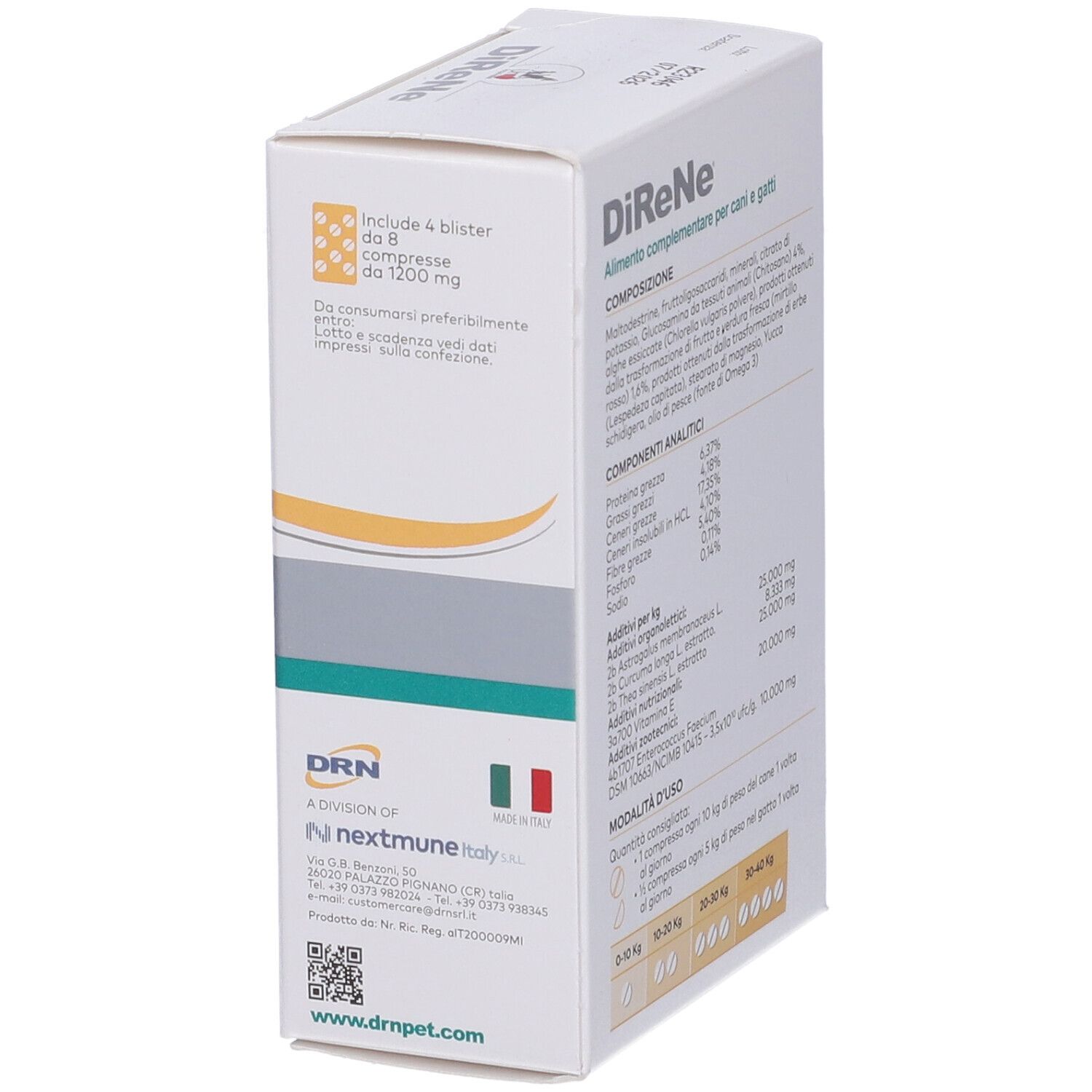 Scatola bianca Direne® per cani e gatti. Contiene 32 compresse. Vista posteriore.