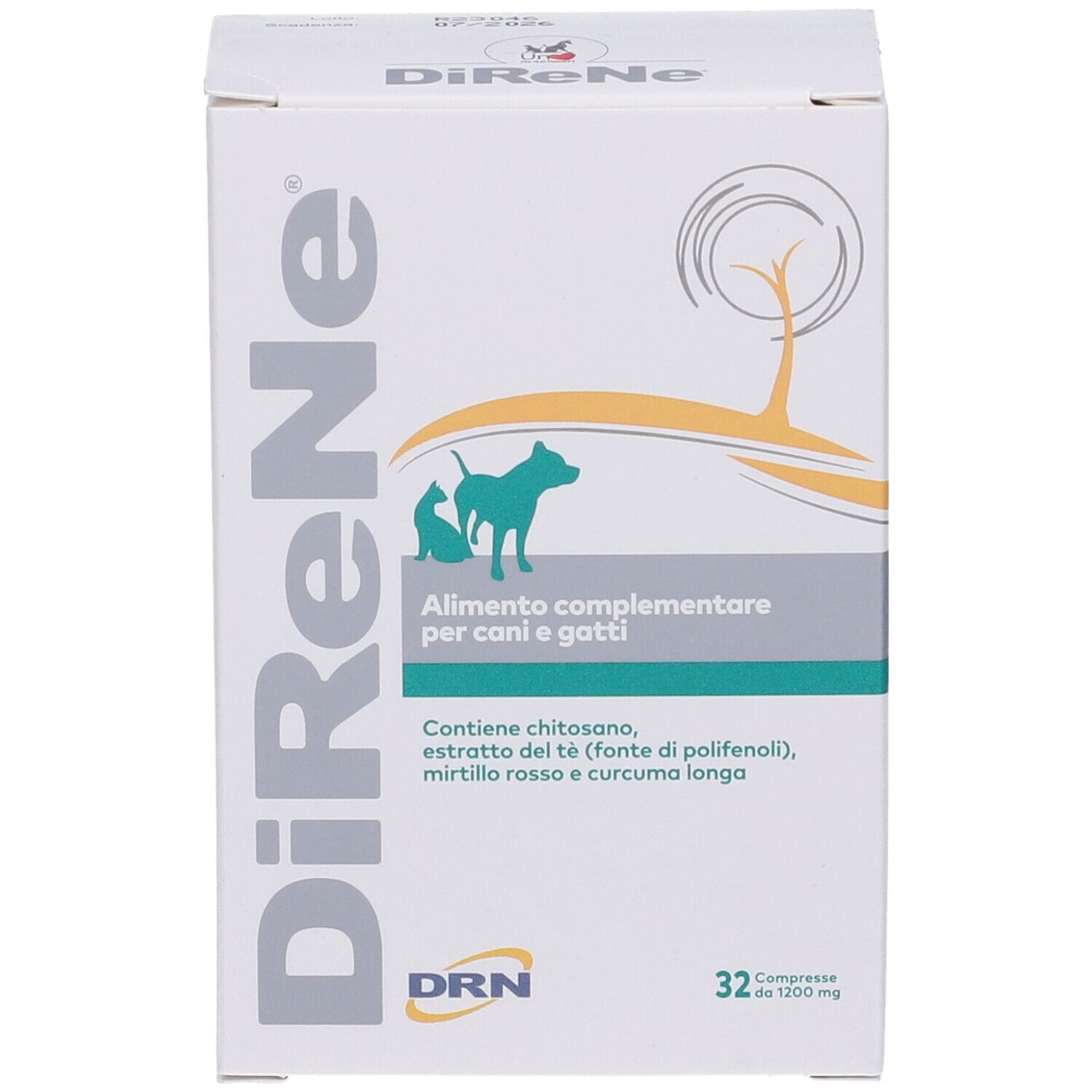 Scatola bianca Direne® per cani e gatti. Contiene 32 compresse. Logo DRN in basso.