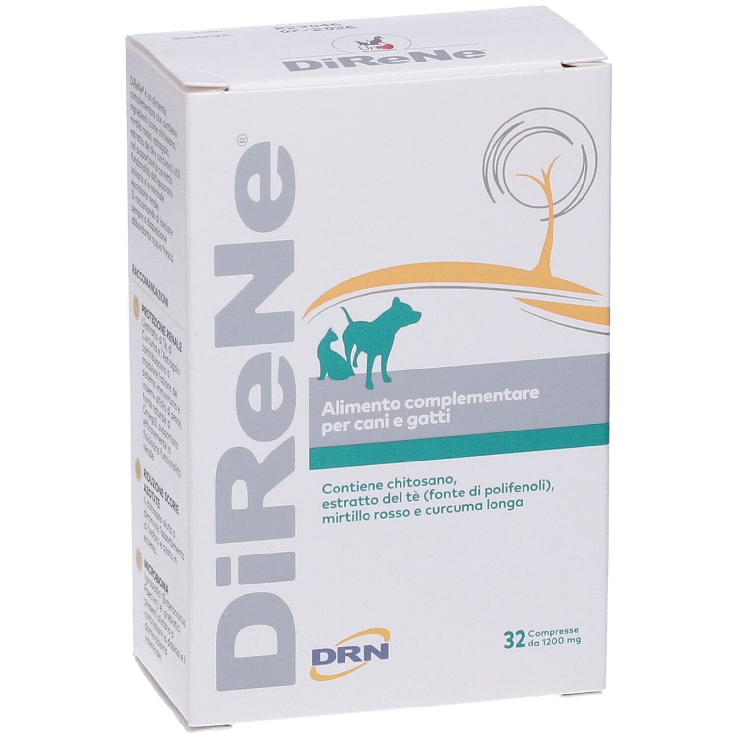 Scatola bianca Direne® per cani e gatti. Contiene 32 compresse. Logo DRN in basso.