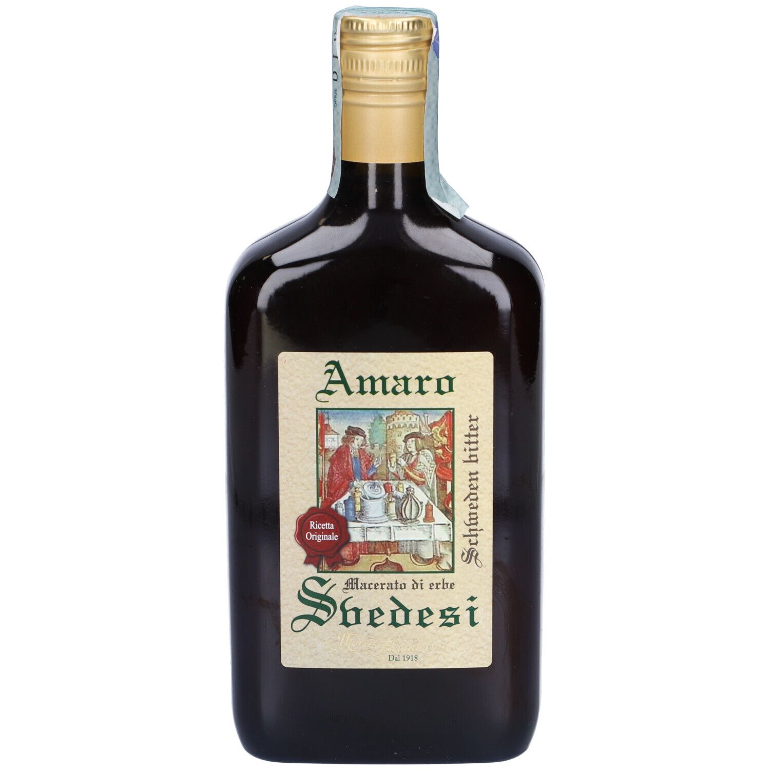 Bottiglia marrone con tappo dorato ed etichetta. Scritta: Amaro, Svedesi, Macerato di erbe.