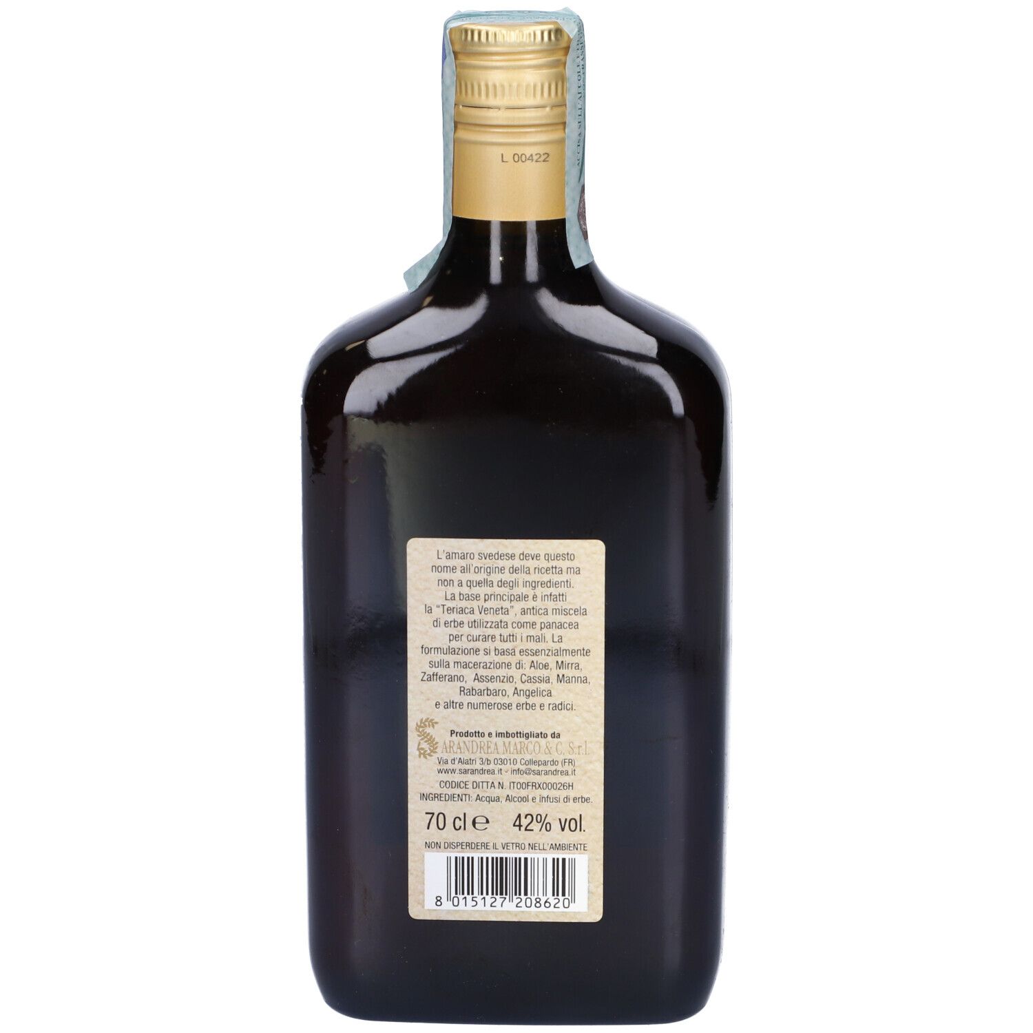Bottiglia marrone con tappo dorato. Retro con testo ed etichetta.