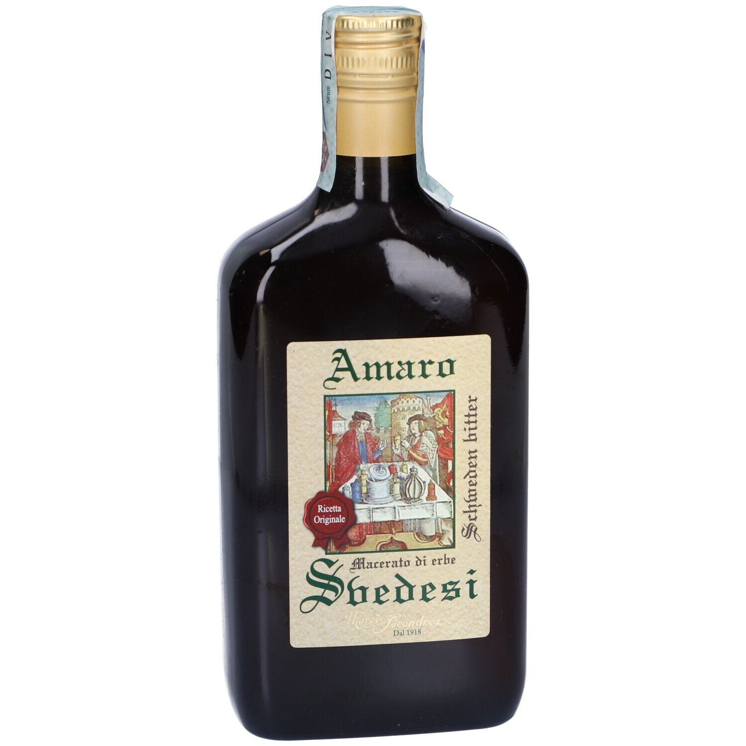 Bottiglia marrone con tappo dorato ed etichetta. Scritta: Amaro, Svedesi, Macerato di erbe.