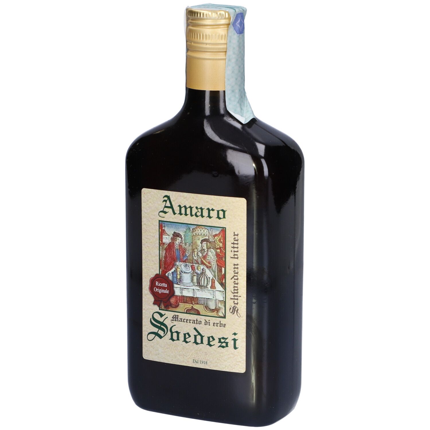 Bottiglia marrone con tappo dorato ed etichetta. Scritta: Amaro, Svedesi, Macerato di erbe.