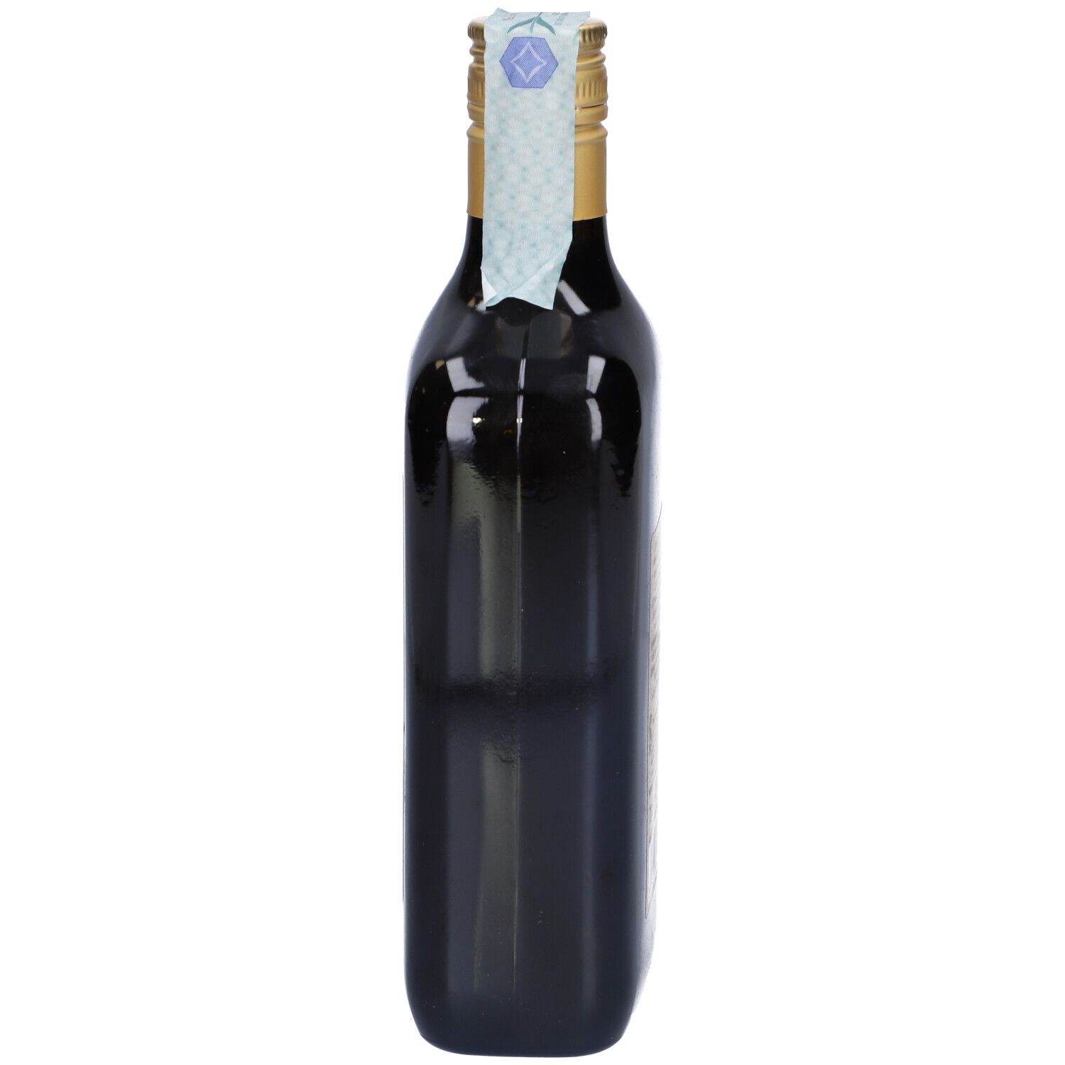 Bottiglia marrone con tappo dorato. Etichetta con testo.