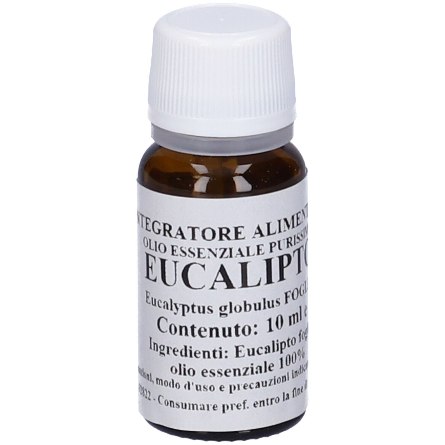 Flacone di vetro marrone con tappo bianco. Scritta: Eucalipto, Eucalyptus globulus, 10 ml.