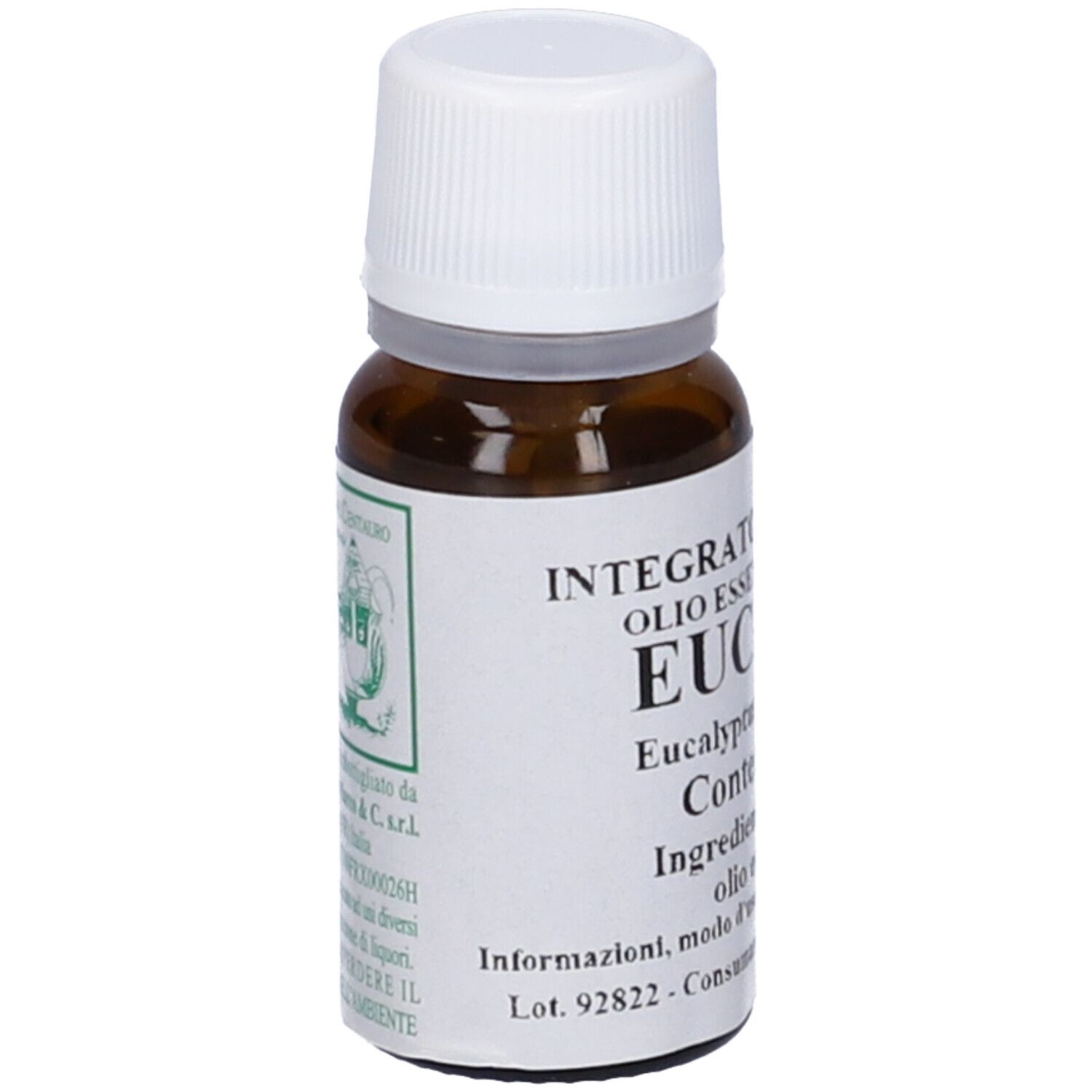 Flacone di vetro marrone con tappo bianco. Scritta: Eucalipto, Eucalyptus globulus, 10 ml.