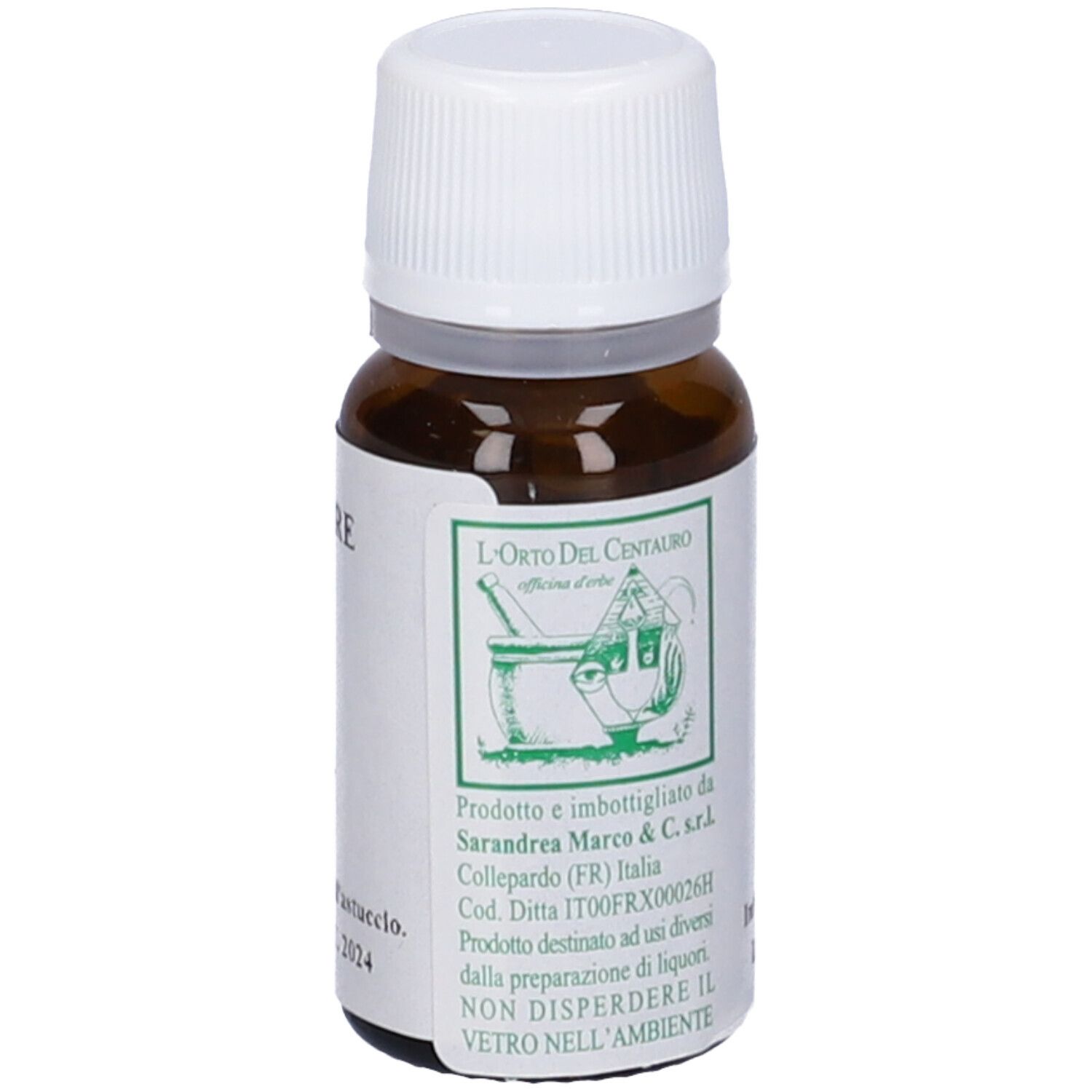 Flacone di vetro marrone con tappo bianco. Scritta: Eucalipto, Eucalyptus globulus, 10 ml.