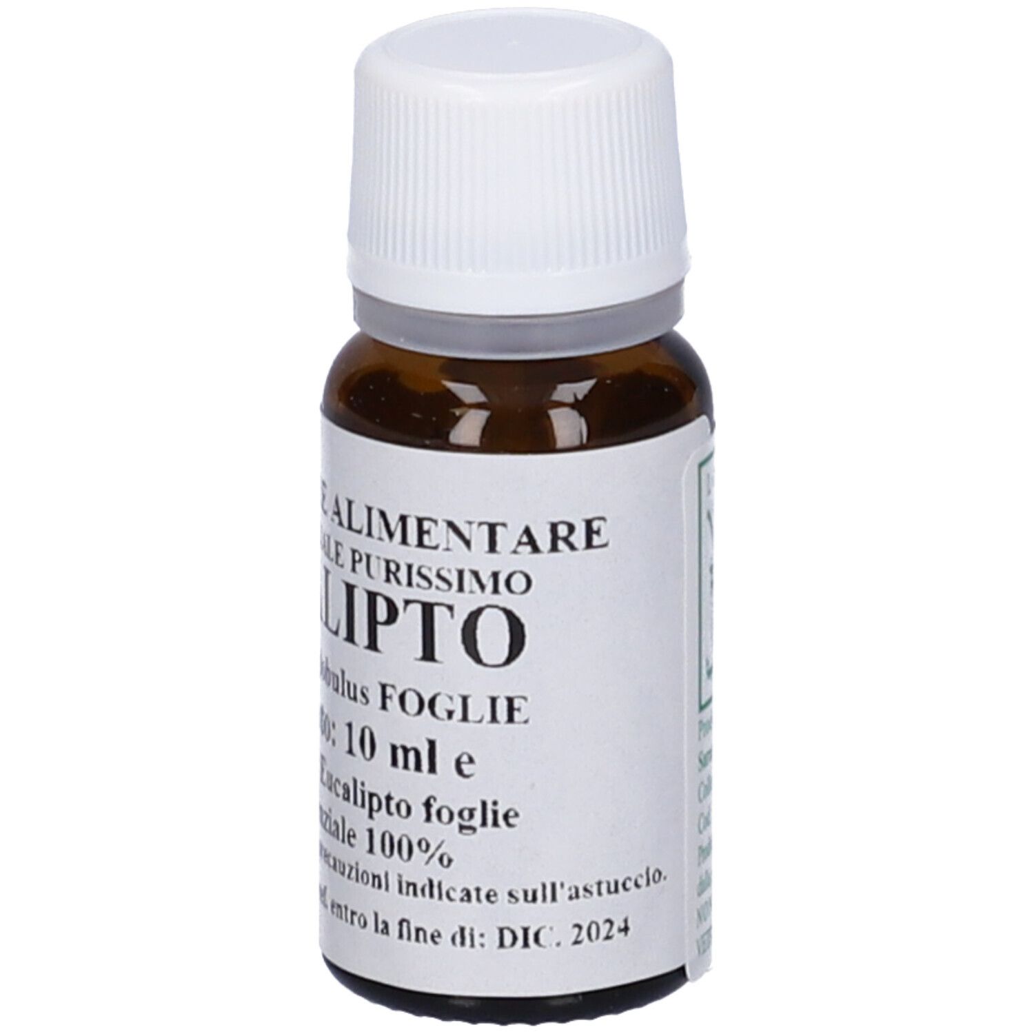 Flacone di vetro marrone con tappo bianco. Scritta: Eucalipto, Eucalyptus globulus, 10 ml.