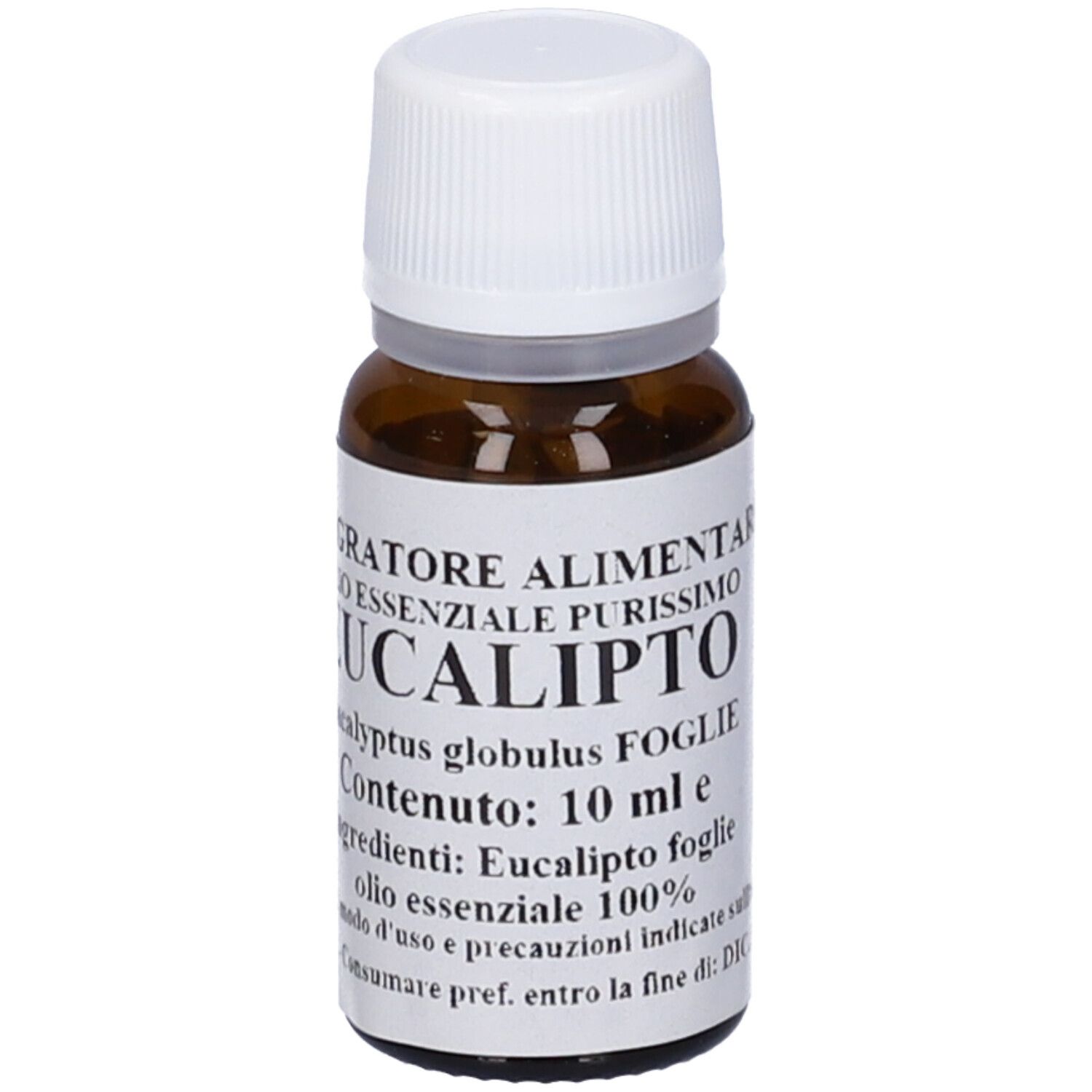 Flacone di vetro marrone con tappo bianco. Scritta: Eucalipto, Eucalyptus globulus, 10 ml.