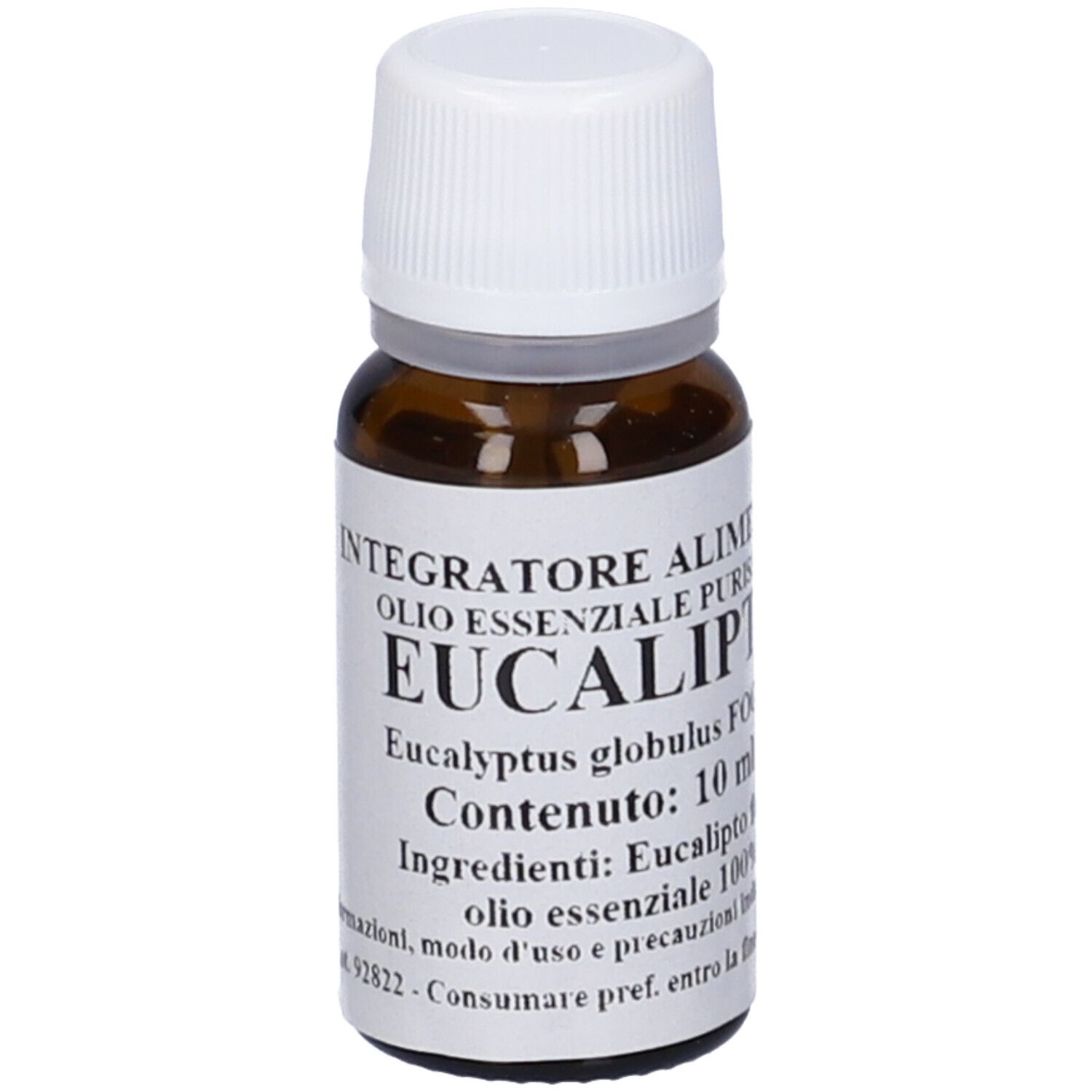 Flacone di vetro marrone con tappo bianco. Scritta: Eucalipto, Eucalyptus globulus, 10 ml.