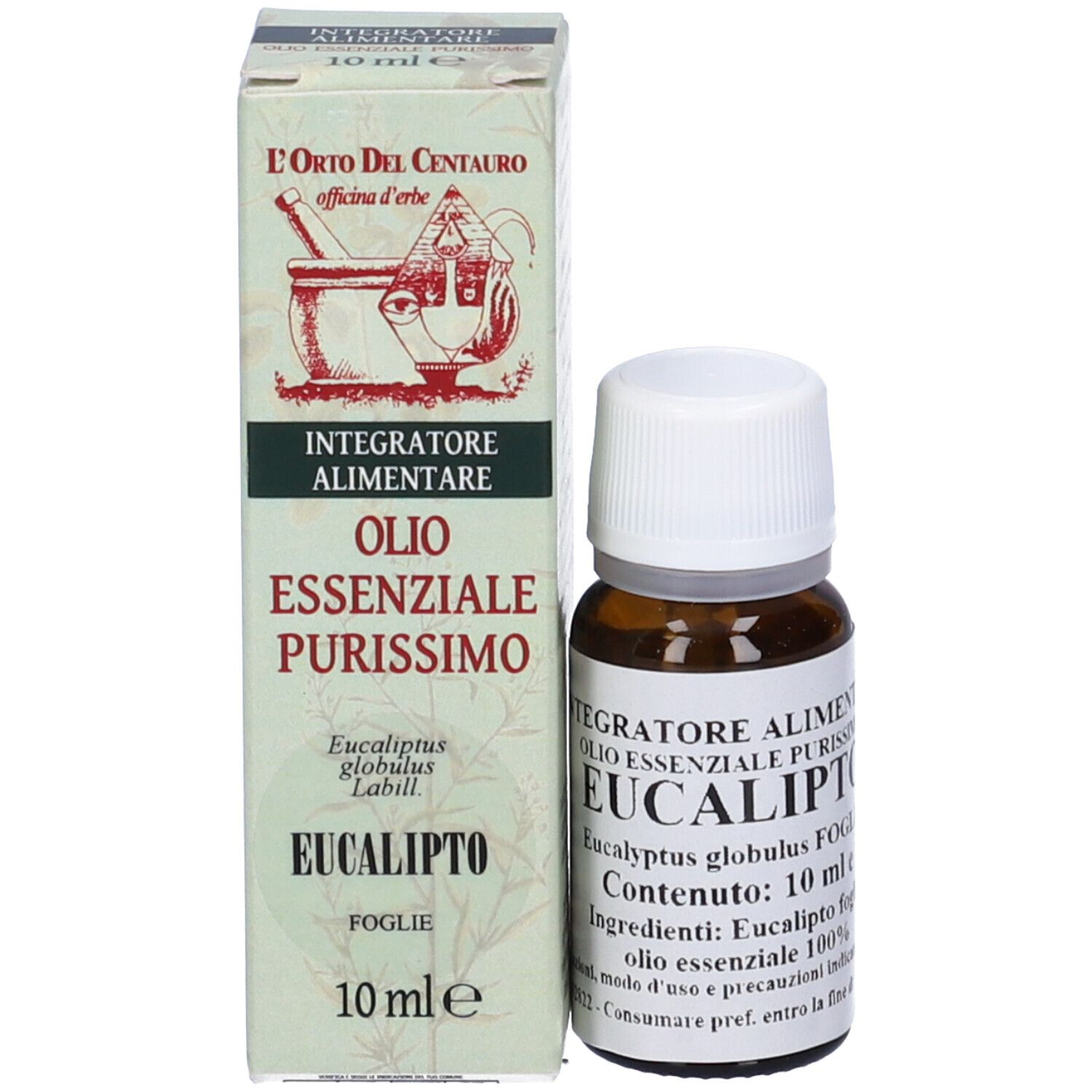 Flacone di vetro marrone con tappo bianco e scatola. Scritta: Eucalipto, 10 ml, L'Orto del Centauro.